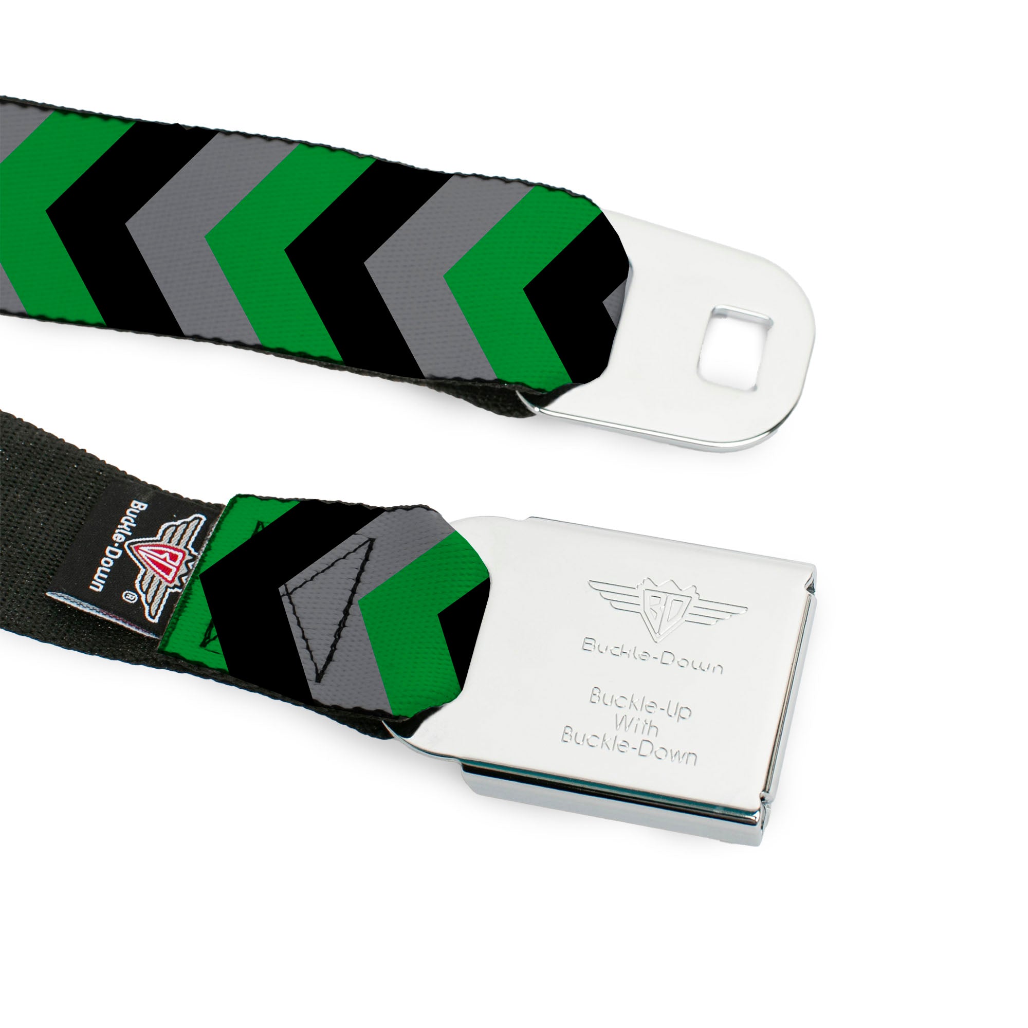 BD Wings Logo CLOSE-UP Black/Silver Seatbelt Belt - Chevron Green/Black/Gray Webbing Seatbelt Belts Buckle-Down