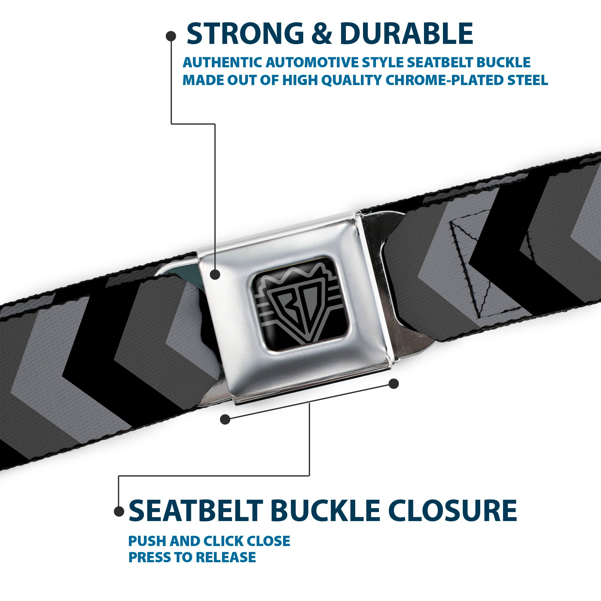 BD Wings Logo CLOSE-UP Black/Silver Seatbelt Belt - Chevron Gray/Black/Charcoal Webbing Seatbelt Belts Buckle-Down