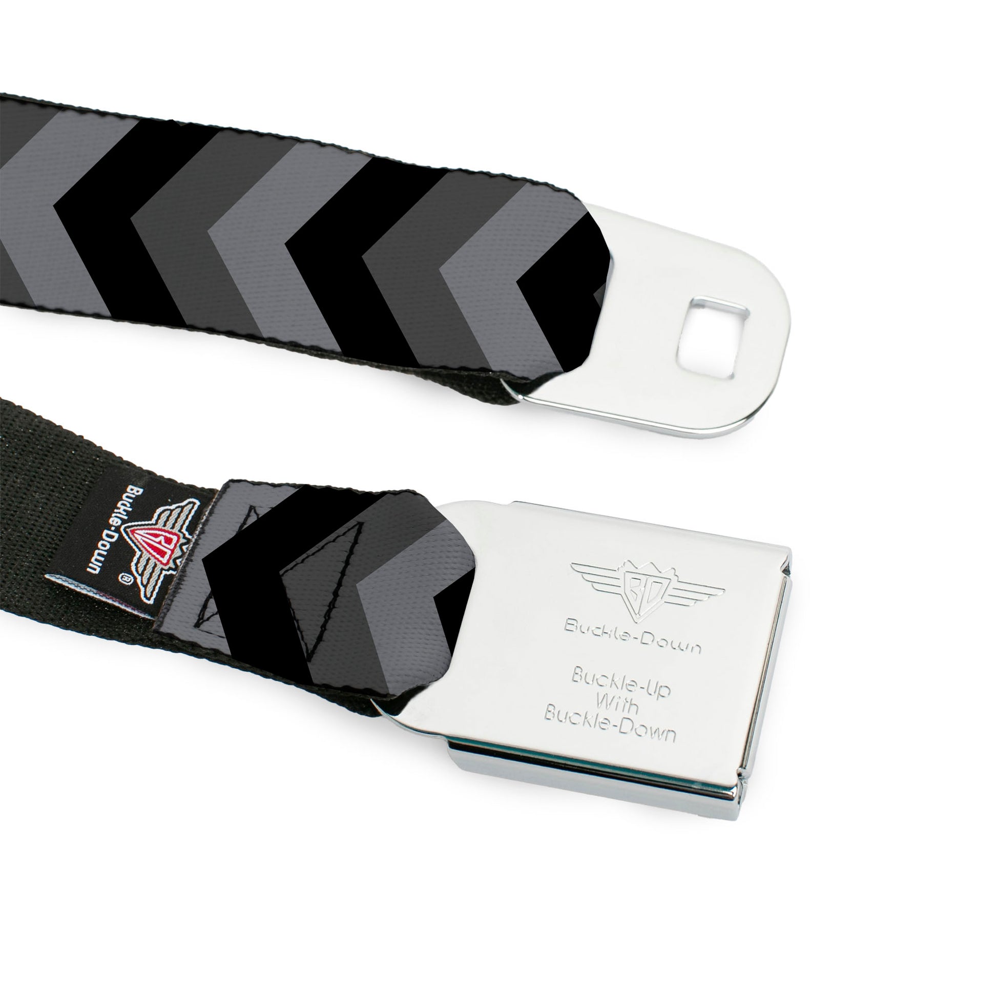 BD Wings Logo CLOSE-UP Black/Silver Seatbelt Belt - Chevron Gray/Black/Charcoal Webbing Seatbelt Belts Buckle-Down
