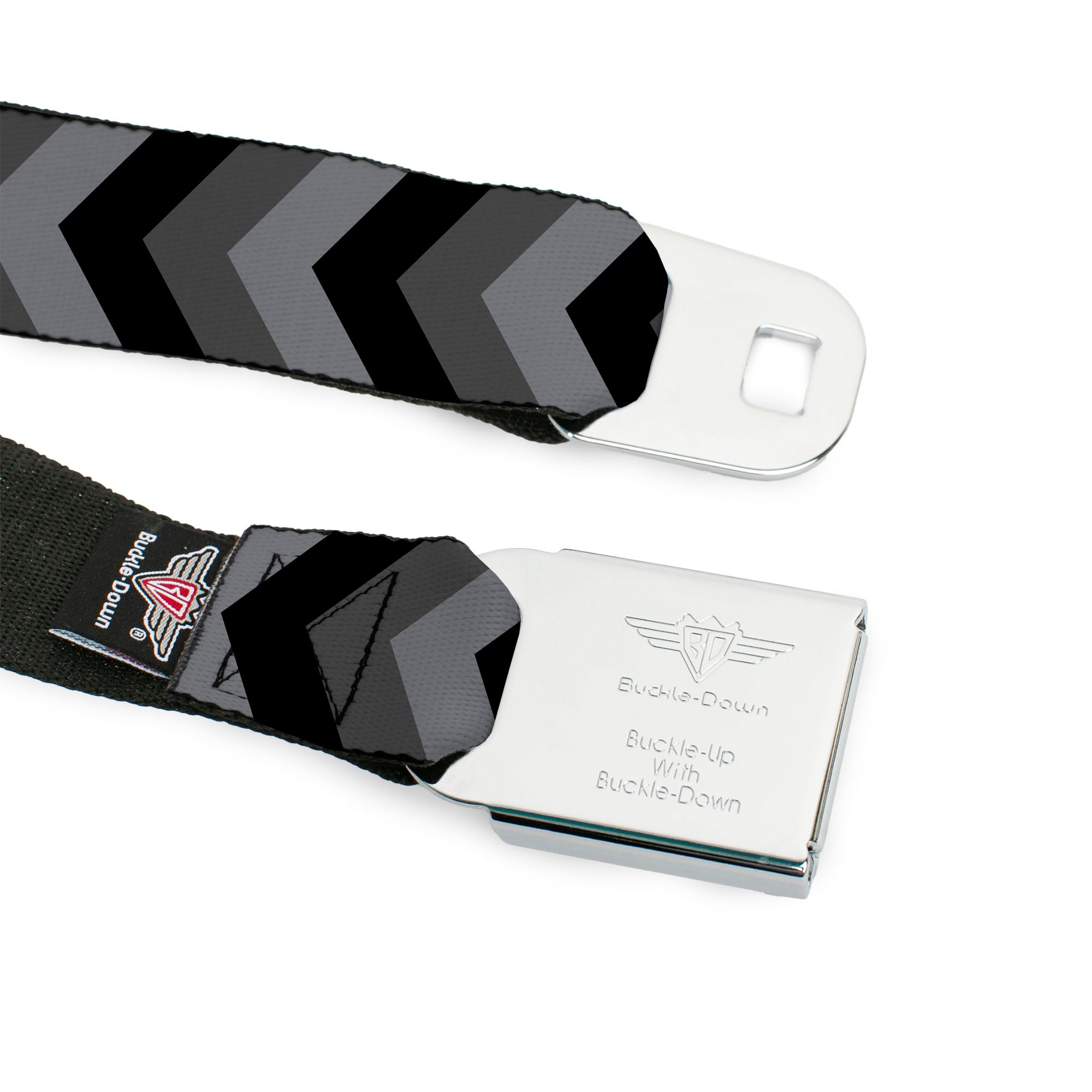 BD Wings Logo CLOSE-UP Black/Silver Seatbelt Belt - Chevron Gray/Black/Charcoal Webbing Seatbelt Belts Buckle-Down