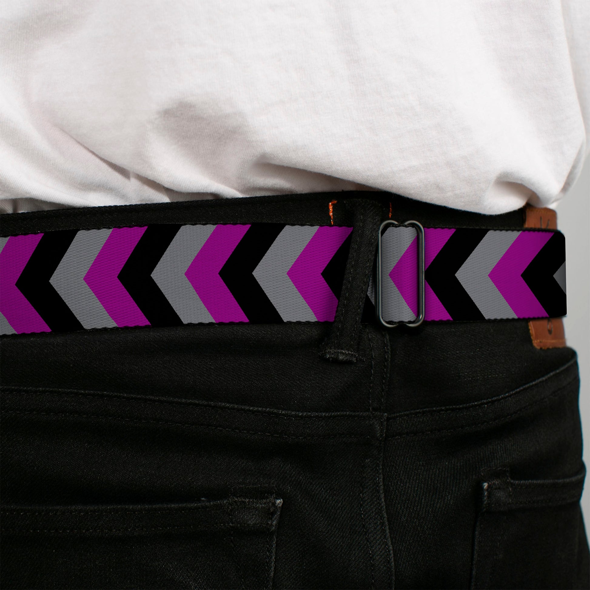 BD Wings Logo CLOSE-UP Black/Silver Seatbelt Belt - Chevron Purple/Black/Gray Webbing Seatbelt Belts Buckle-Down
