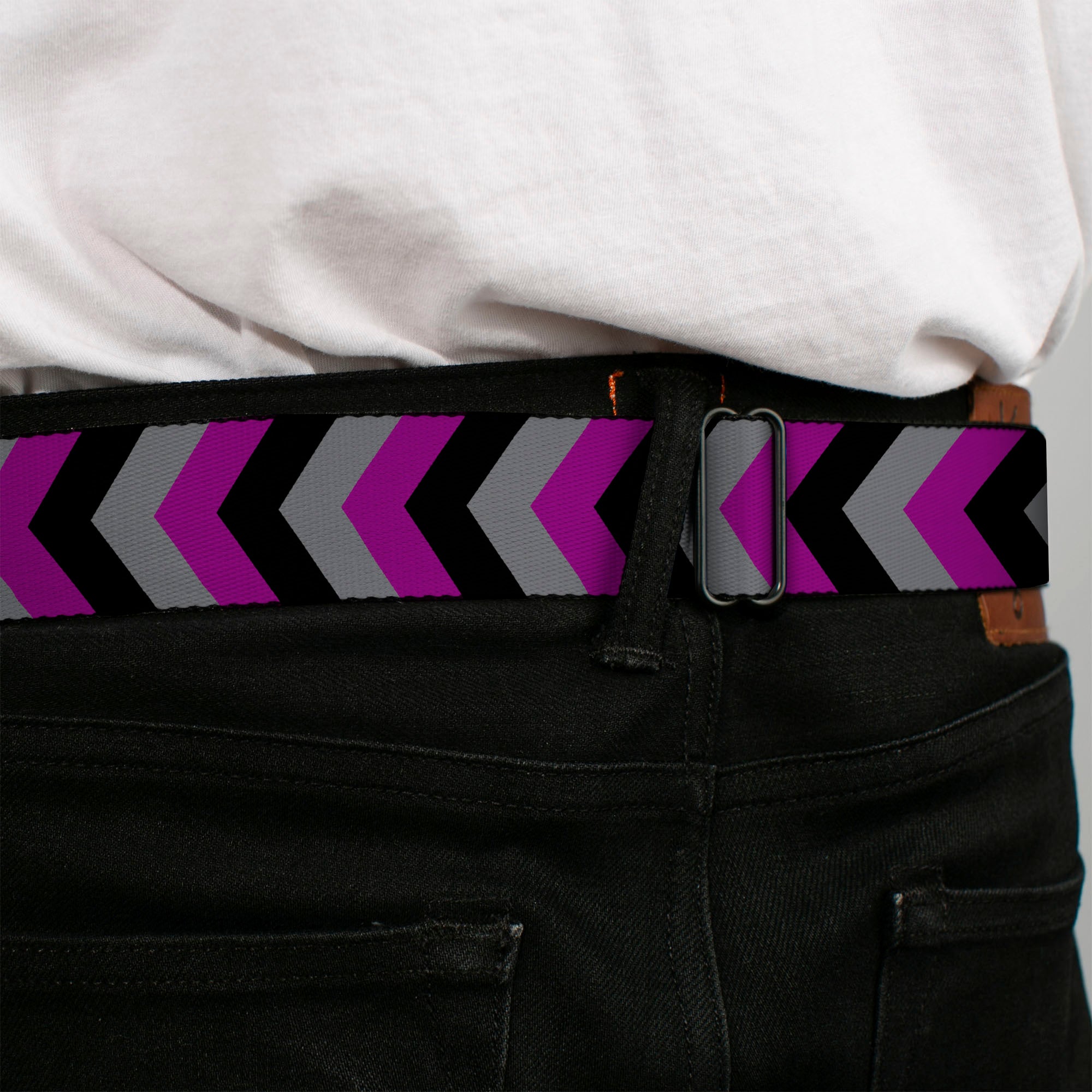 BD Wings Logo CLOSE-UP Black/Silver Seatbelt Belt - Chevron Purple/Black/Gray Webbing Seatbelt Belts Buckle-Down