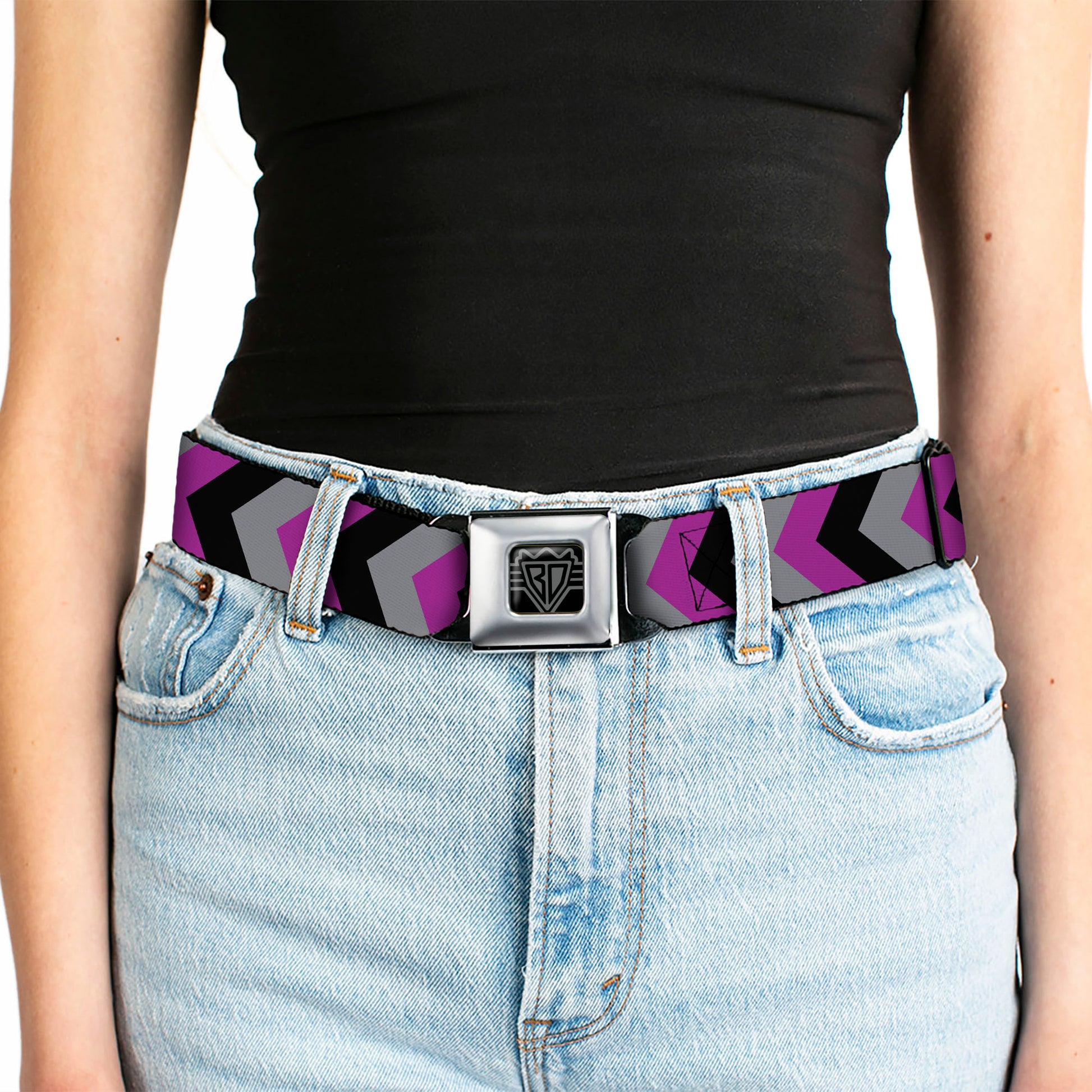BD Wings Logo CLOSE-UP Black/Silver Seatbelt Belt - Chevron Purple/Black/Gray Webbing Seatbelt Belts Buckle-Down