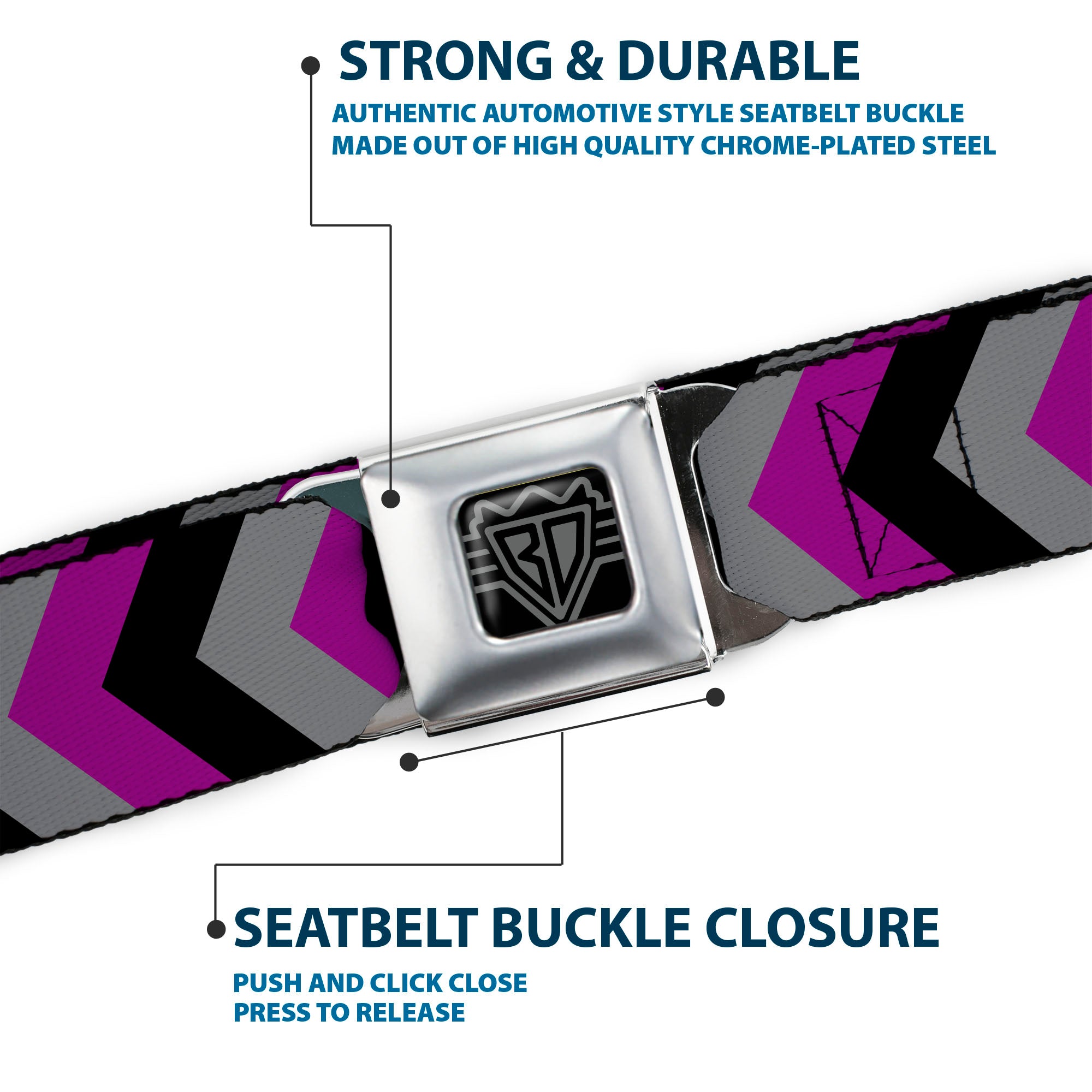 BD Wings Logo CLOSE-UP Black/Silver Seatbelt Belt - Chevron Purple/Black/Gray Webbing Seatbelt Belts Buckle-Down