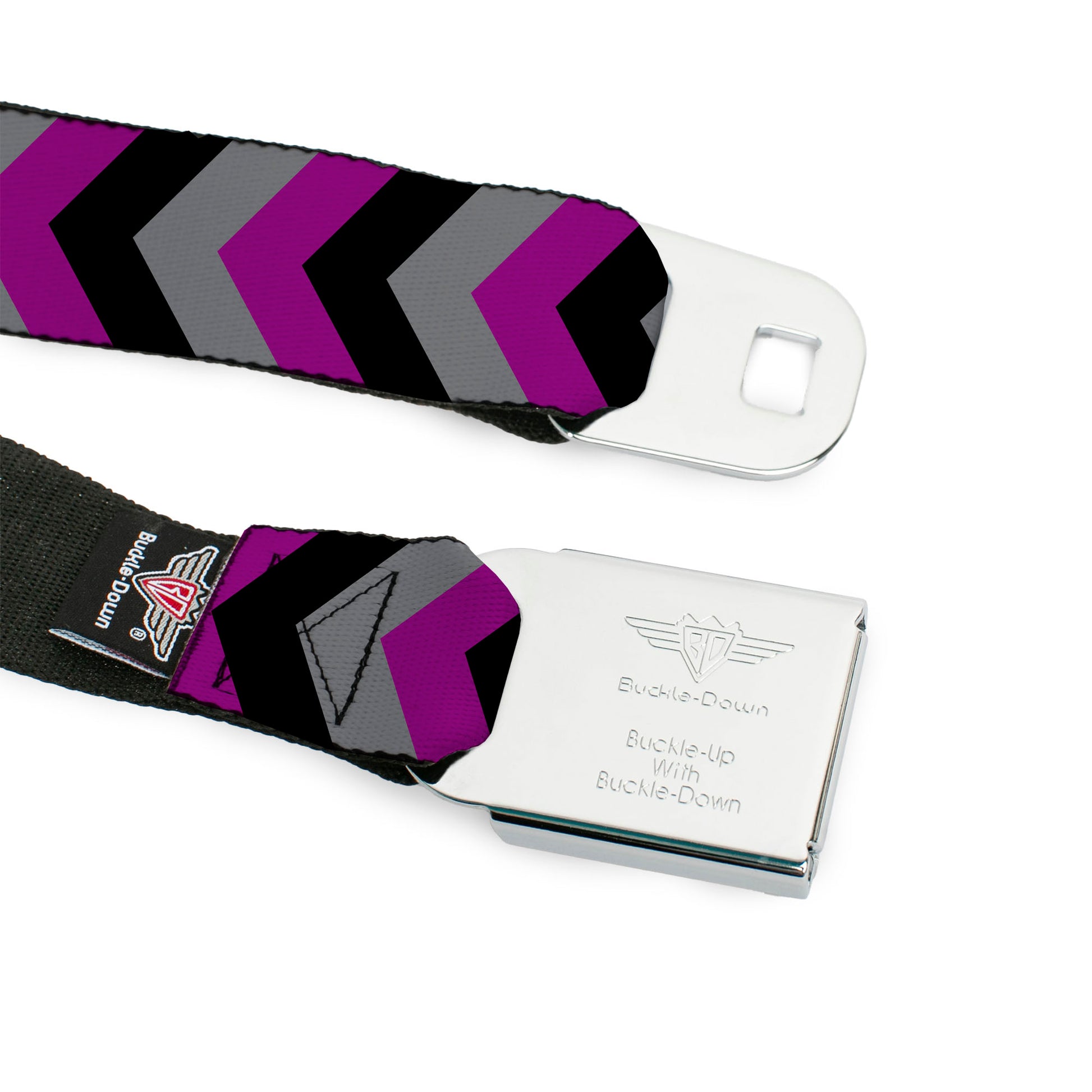 BD Wings Logo CLOSE-UP Black/Silver Seatbelt Belt - Chevron Purple/Black/Gray Webbing Seatbelt Belts Buckle-Down