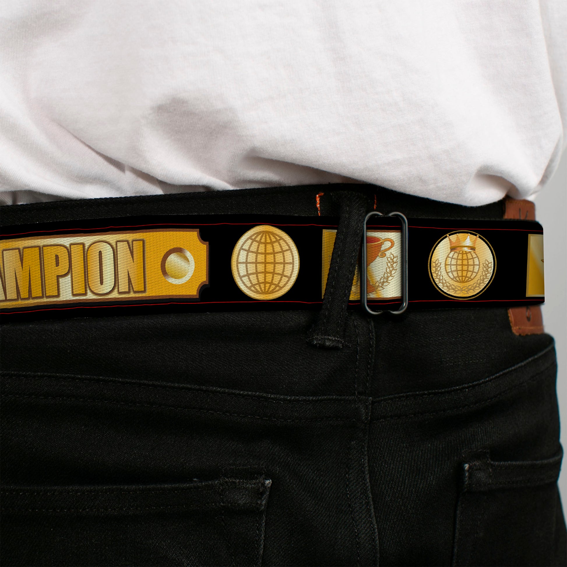 BD Wings Logo CLOSE-UP Black/Silver Seatbelt Belt - CHAMPION Belt/Icons Black/Golds Webbing Seatbelt Belts Buckle-Down
