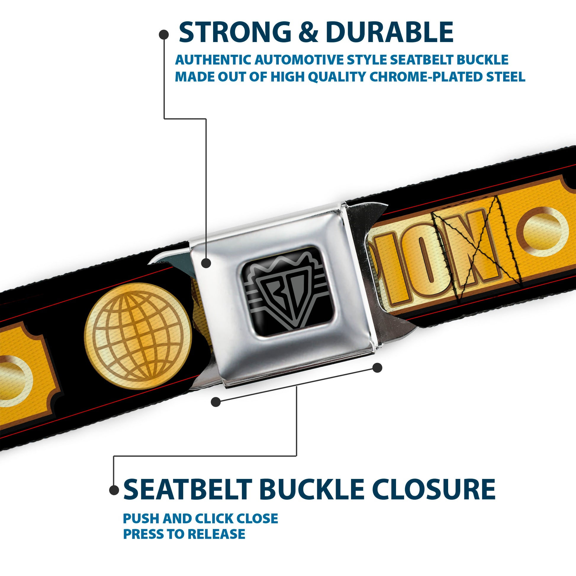 BD Wings Logo CLOSE-UP Black/Silver Seatbelt Belt - CHAMPION Belt/Icons Black/Golds Webbing Seatbelt Belts Buckle-Down