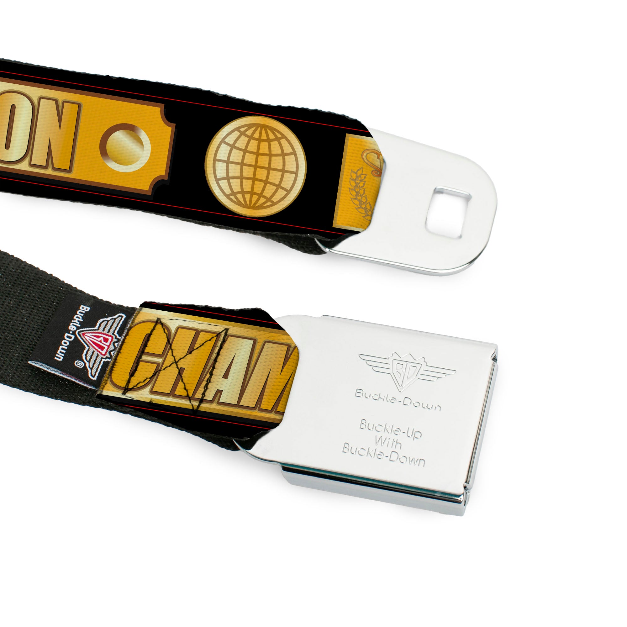 BD Wings Logo CLOSE-UP Black/Silver Seatbelt Belt - CHAMPION Belt/Icons Black/Golds Webbing Seatbelt Belts Buckle-Down