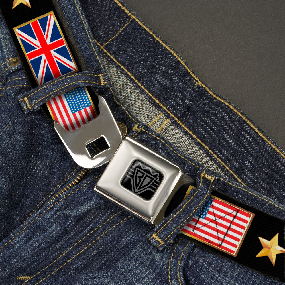 BD Wings Logo CLOSE-UP Black/Silver Seatbelt Belt - CHAMPION Belt/Flags/Stars Black/Golds Webbing Seatbelt Belts Buckle-Down
