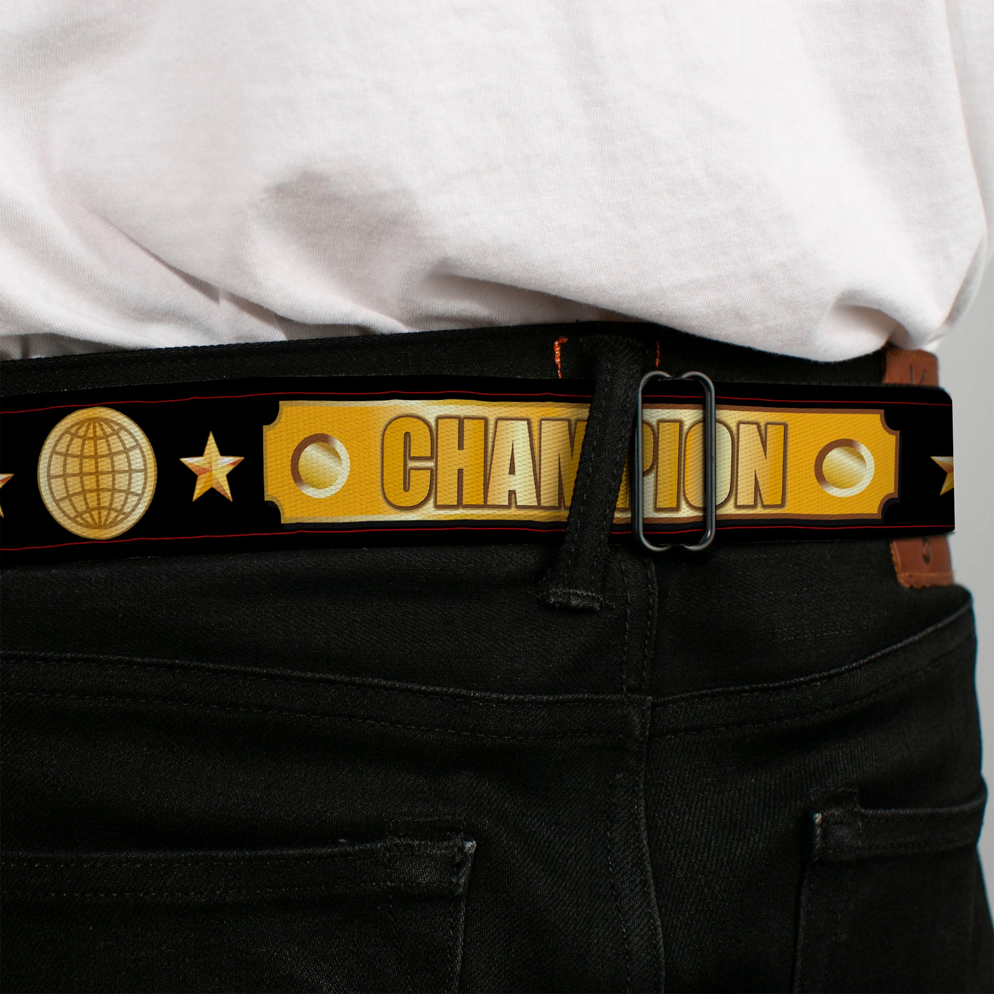 BD Wings Logo CLOSE-UP Black/Silver Seatbelt Belt - CHAMPION Belt/Flags/Stars Black/Golds Webbing Seatbelt Belts Buckle-Down