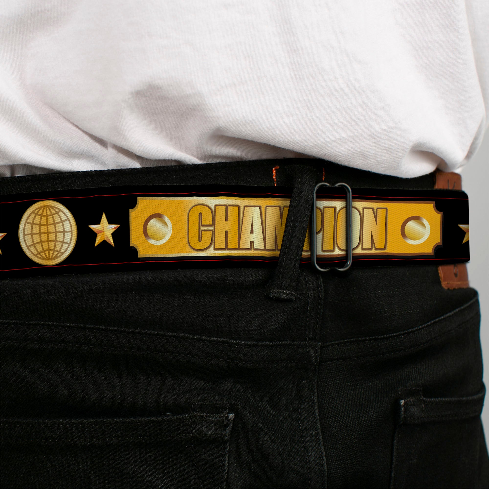 BD Wings Logo CLOSE-UP Black/Silver Seatbelt Belt - CHAMPION Belt/Flags/Stars Black/Golds Webbing Seatbelt Belts Buckle-Down