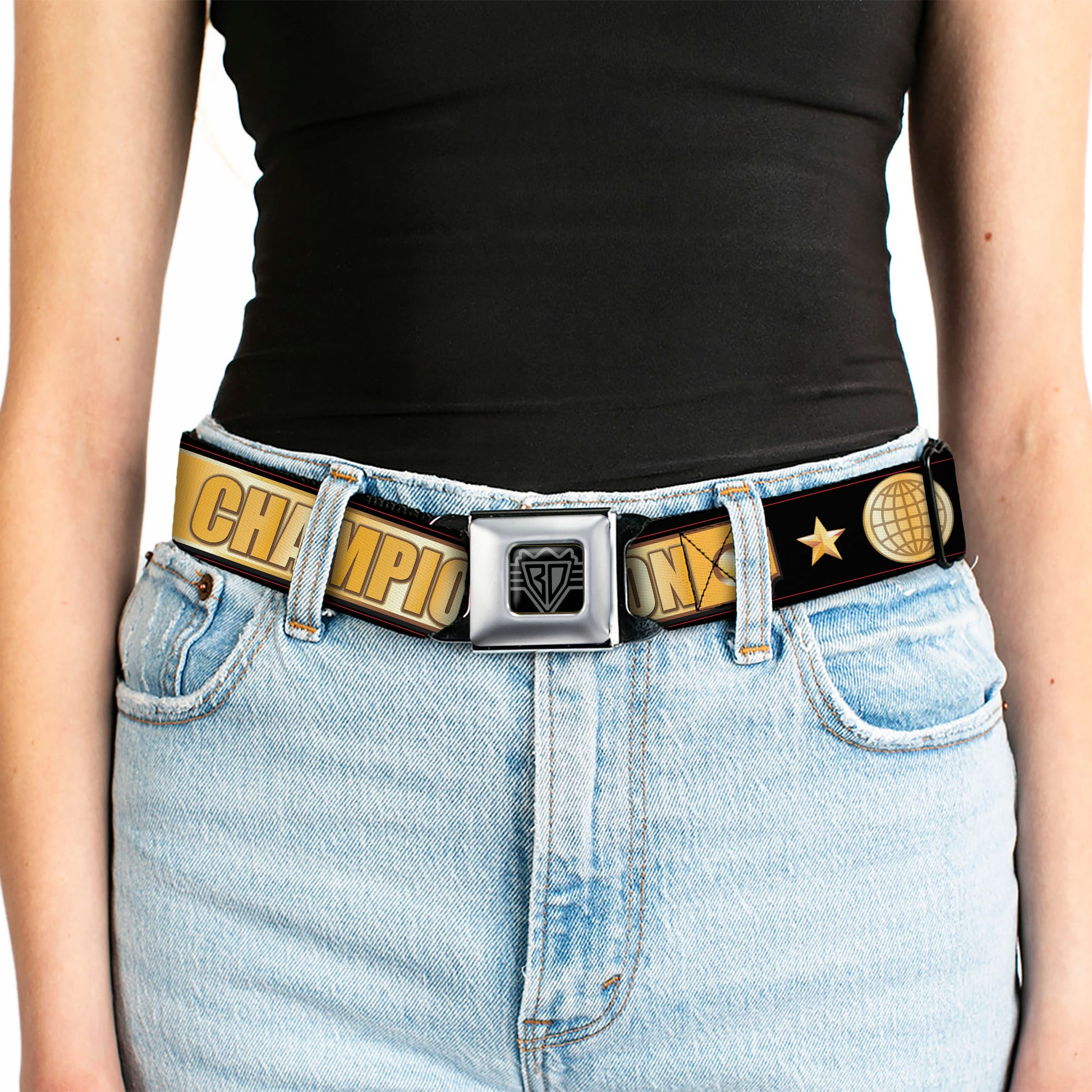 BD Wings Logo CLOSE-UP Black/Silver Seatbelt Belt - CHAMPION Belt/Flags/Stars Black/Golds Webbing Seatbelt Belts Buckle-Down
