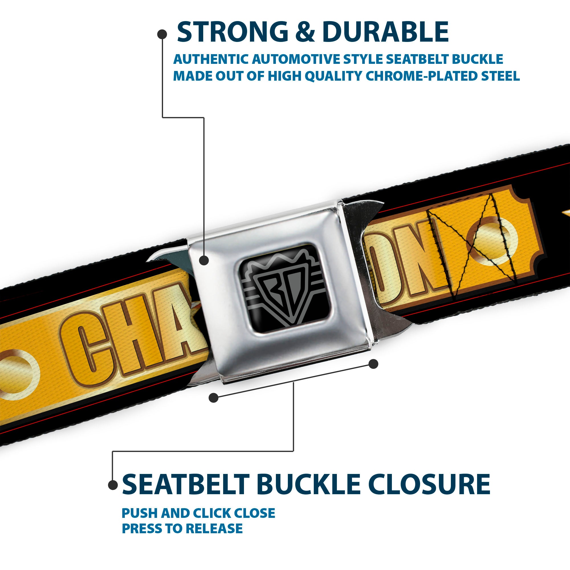 BD Wings Logo CLOSE-UP Black/Silver Seatbelt Belt - CHAMPION Belt/Flags/Stars Black/Golds Webbing Seatbelt Belts Buckle-Down