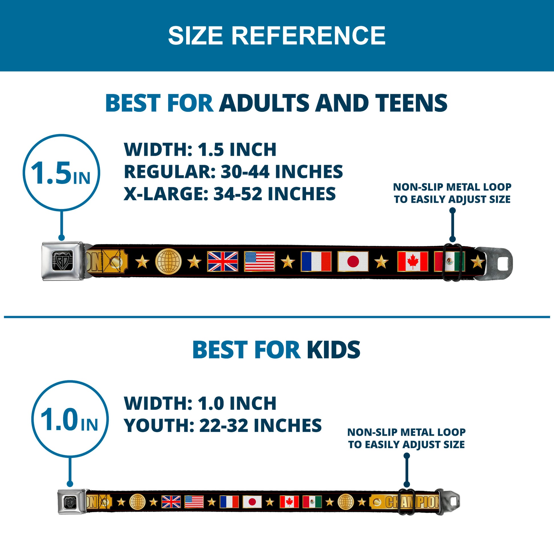 BD Wings Logo CLOSE-UP Black/Silver Seatbelt Belt - CHAMPION Belt/Flags/Stars Black/Golds Webbing Seatbelt Belts Buckle-Down