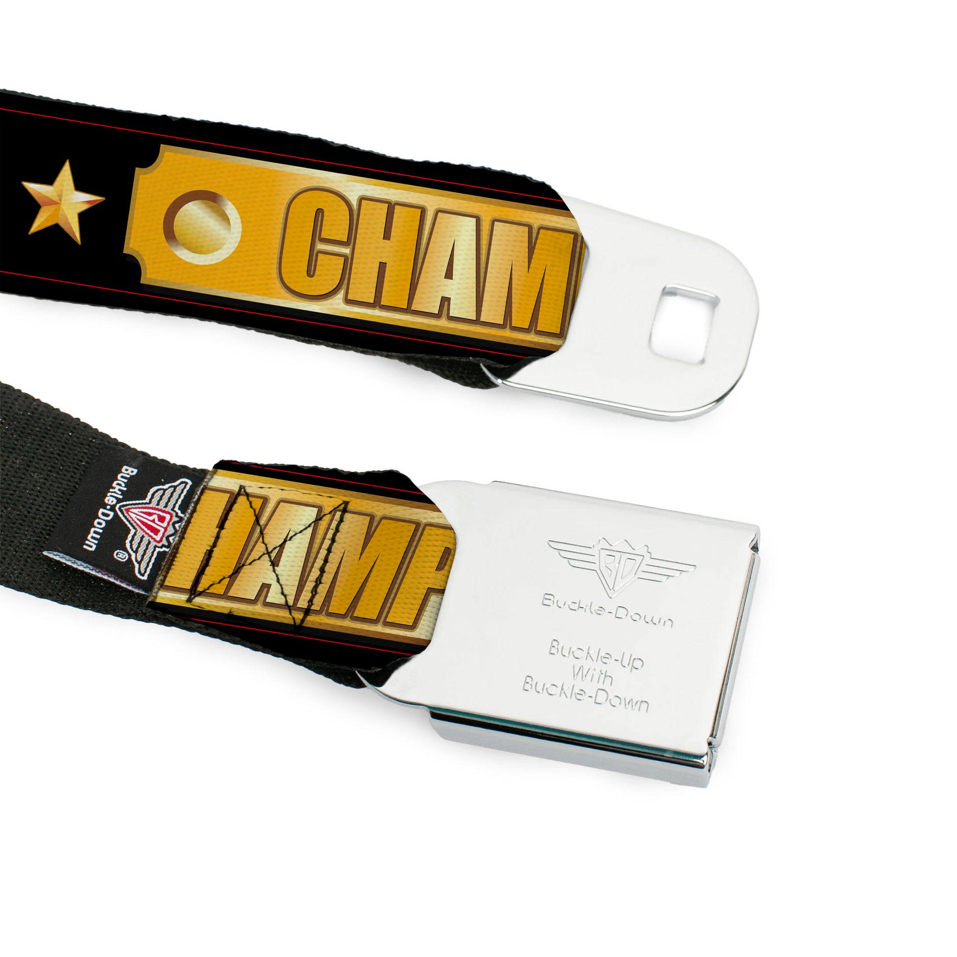BD Wings Logo CLOSE-UP Black/Silver Seatbelt Belt - CHAMPION Belt/Flags/Stars Black/Golds Webbing Seatbelt Belts Buckle-Down