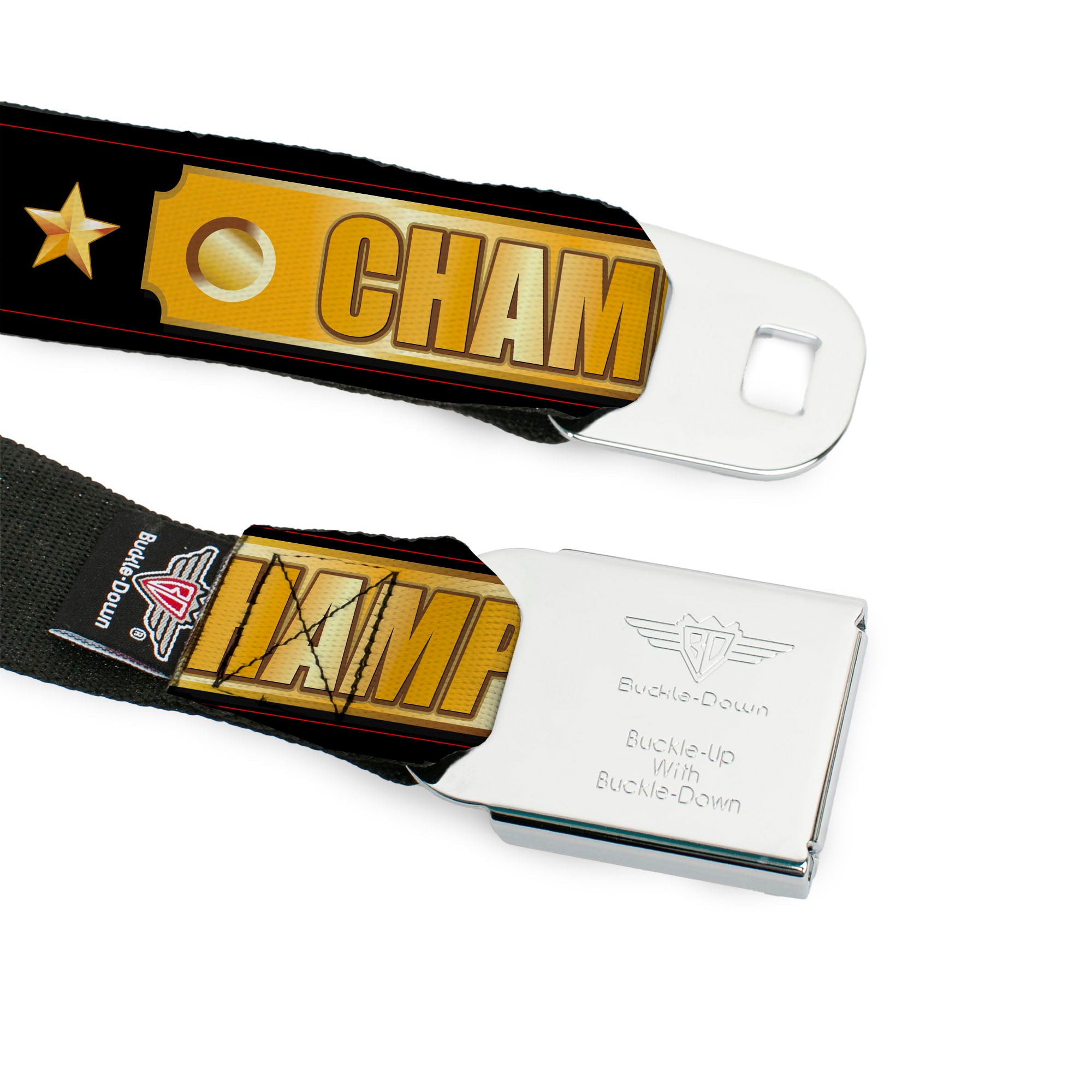 BD Wings Logo CLOSE-UP Black/Silver Seatbelt Belt - CHAMPION Belt/Flags/Stars Black/Golds Webbing Seatbelt Belts Buckle-Down