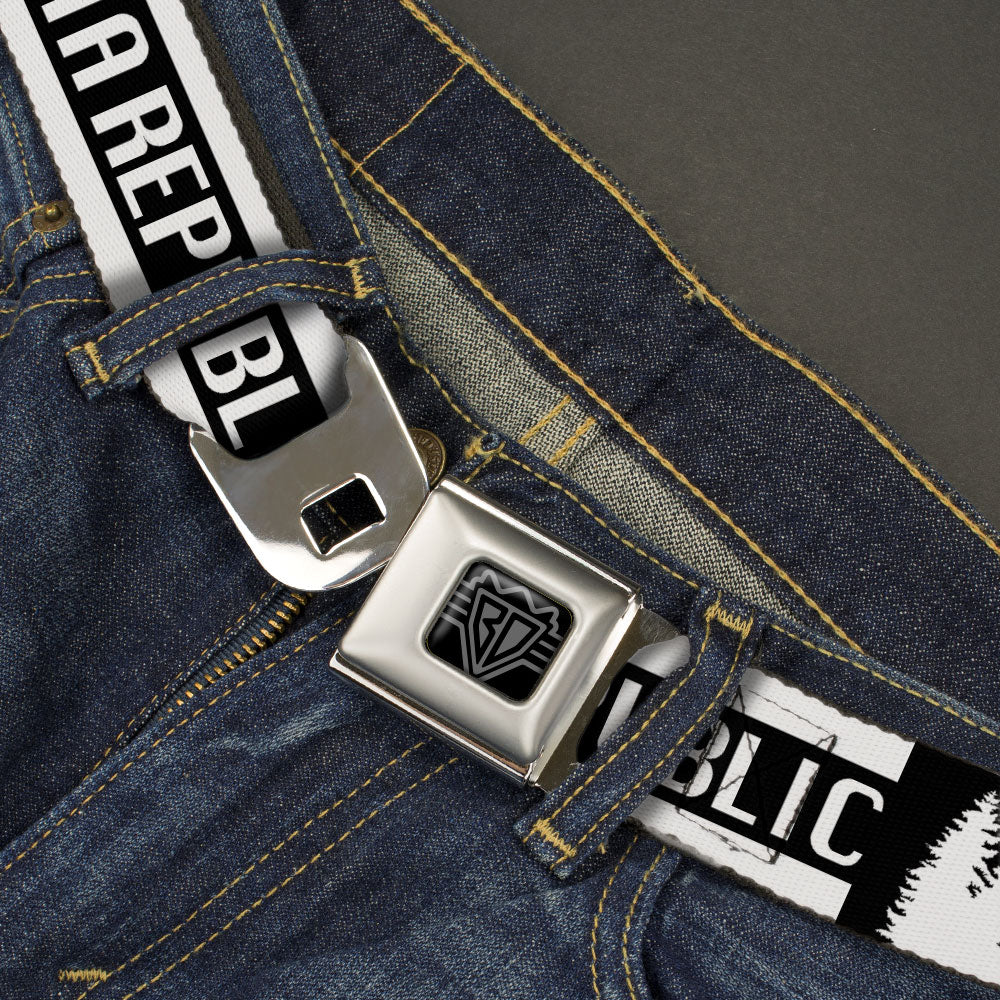 BD Wings Logo CLOSE-UP Black/Silver Seatbelt Belt - CALIFORNIA REPUBLIC/Bear/Stars Silhouette Black/White Webbing Seatbelt Belts Buckle-Down
