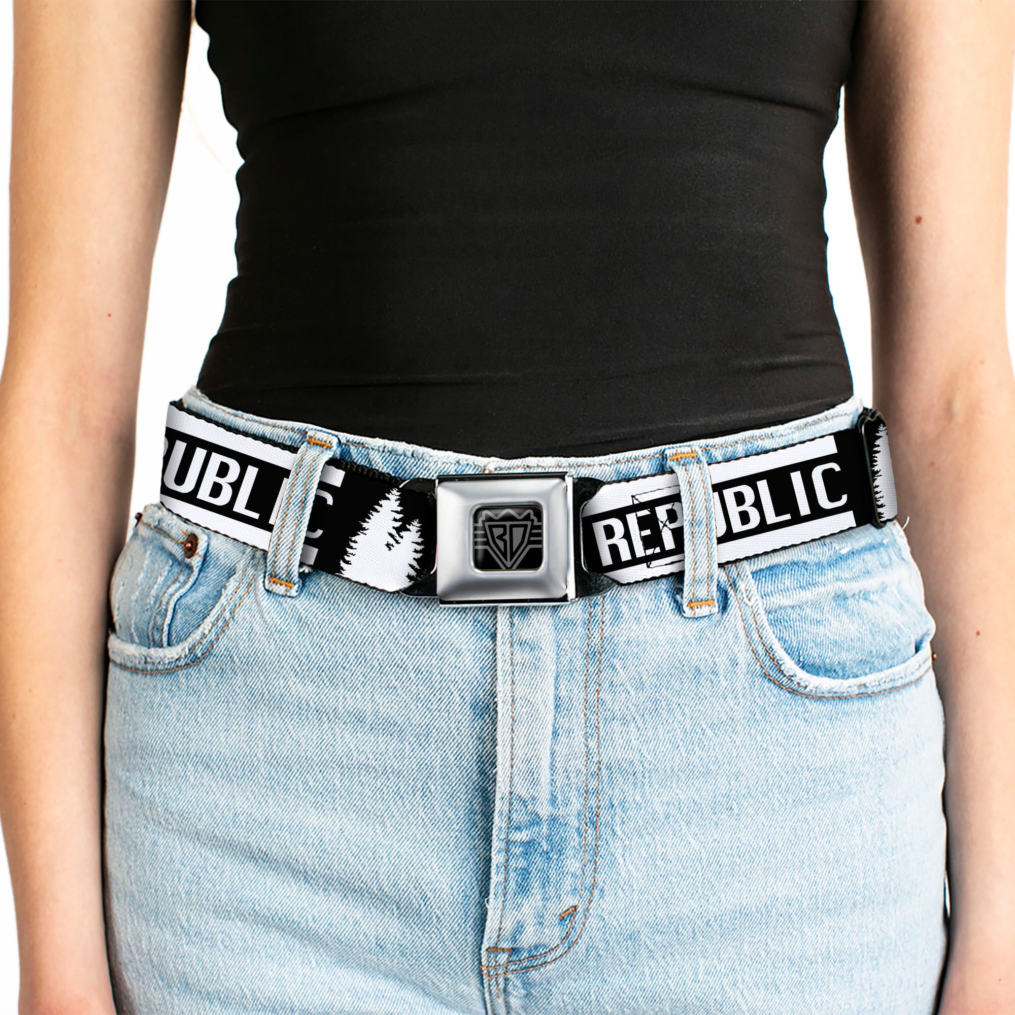 BD Wings Logo CLOSE-UP Black/Silver Seatbelt Belt - CALIFORNIA REPUBLIC/Bear/Stars Silhouette Black/White Webbing Seatbelt Belts Buckle-Down
