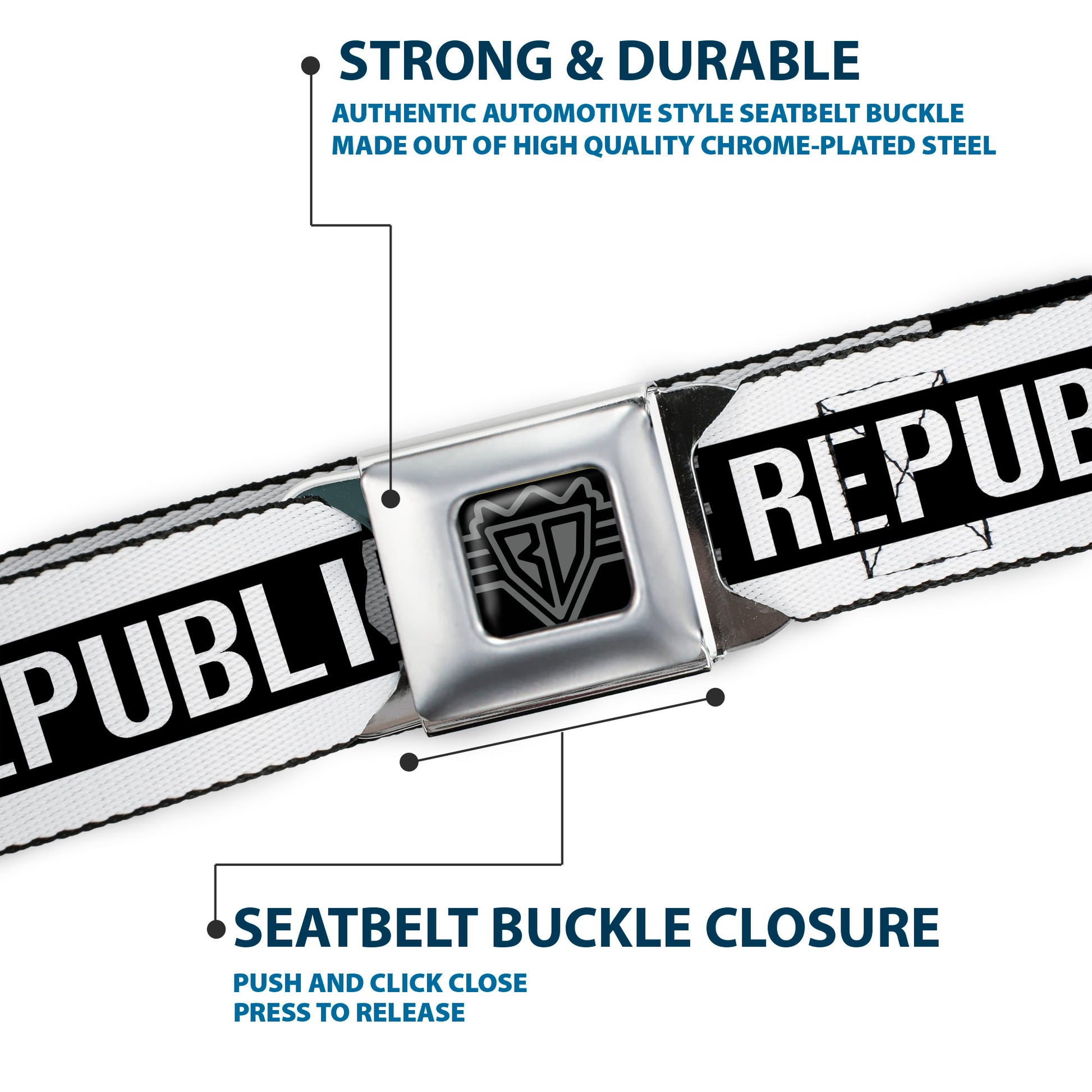 BD Wings Logo CLOSE-UP Black/Silver Seatbelt Belt - CALIFORNIA REPUBLIC/Bear/Stars Silhouette Black/White Webbing Seatbelt Belts Buckle-Down