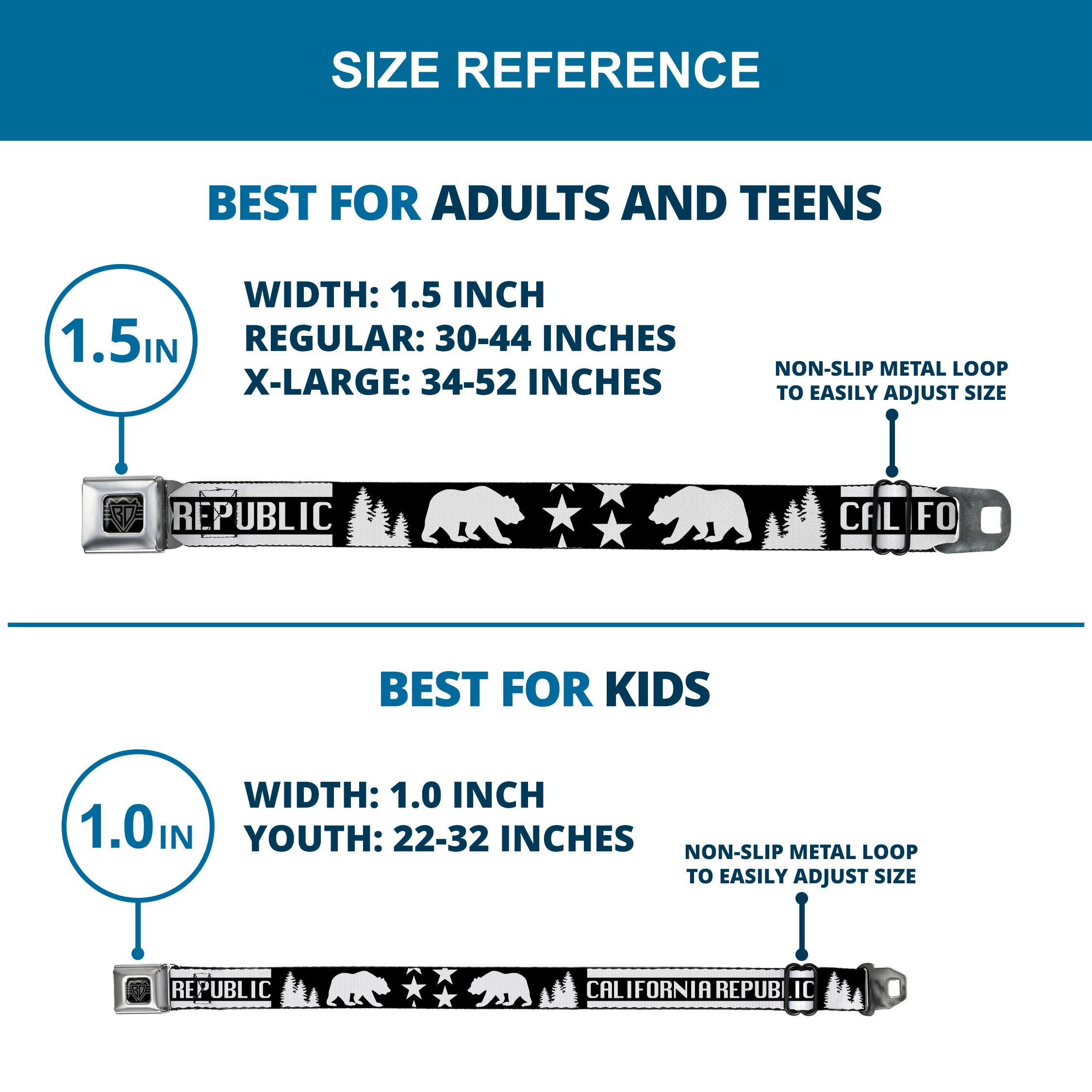 BD Wings Logo CLOSE-UP Black/Silver Seatbelt Belt - CALIFORNIA REPUBLIC/Bear/Stars Silhouette Black/White Webbing Seatbelt Belts Buckle-Down