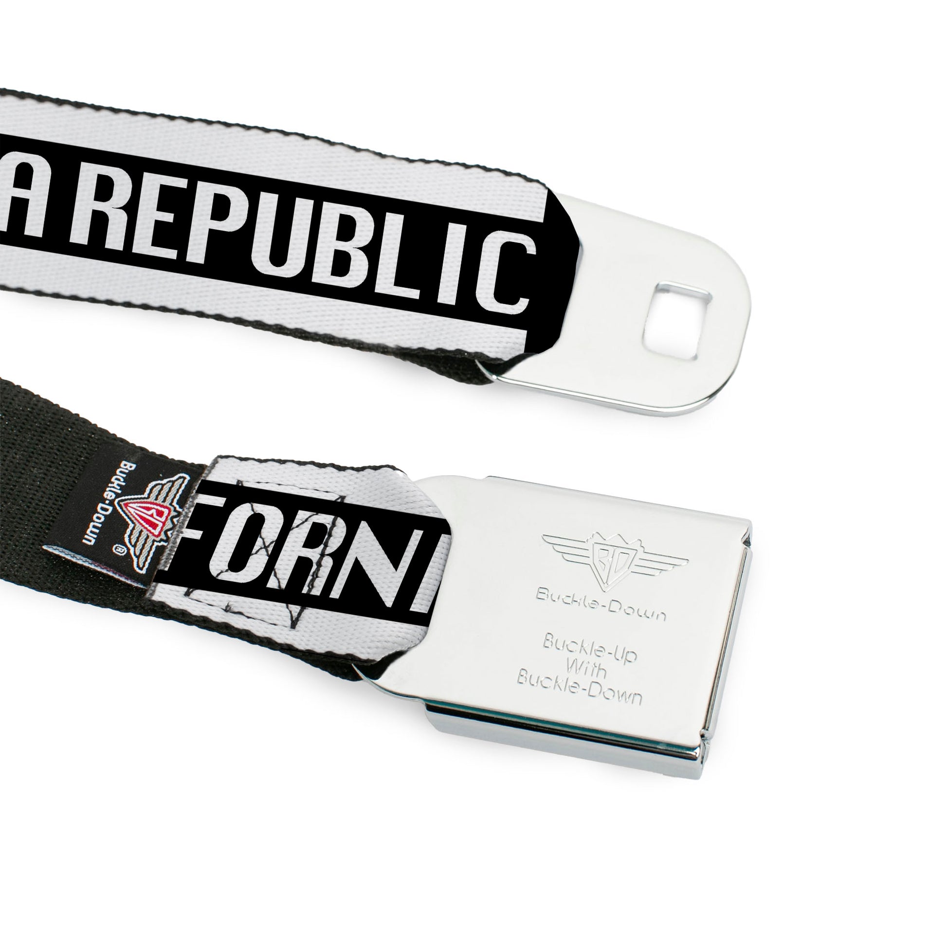 BD Wings Logo CLOSE-UP Black/Silver Seatbelt Belt - CALIFORNIA REPUBLIC/Bear/Stars Silhouette Black/White Webbing Seatbelt Belts Buckle-Down