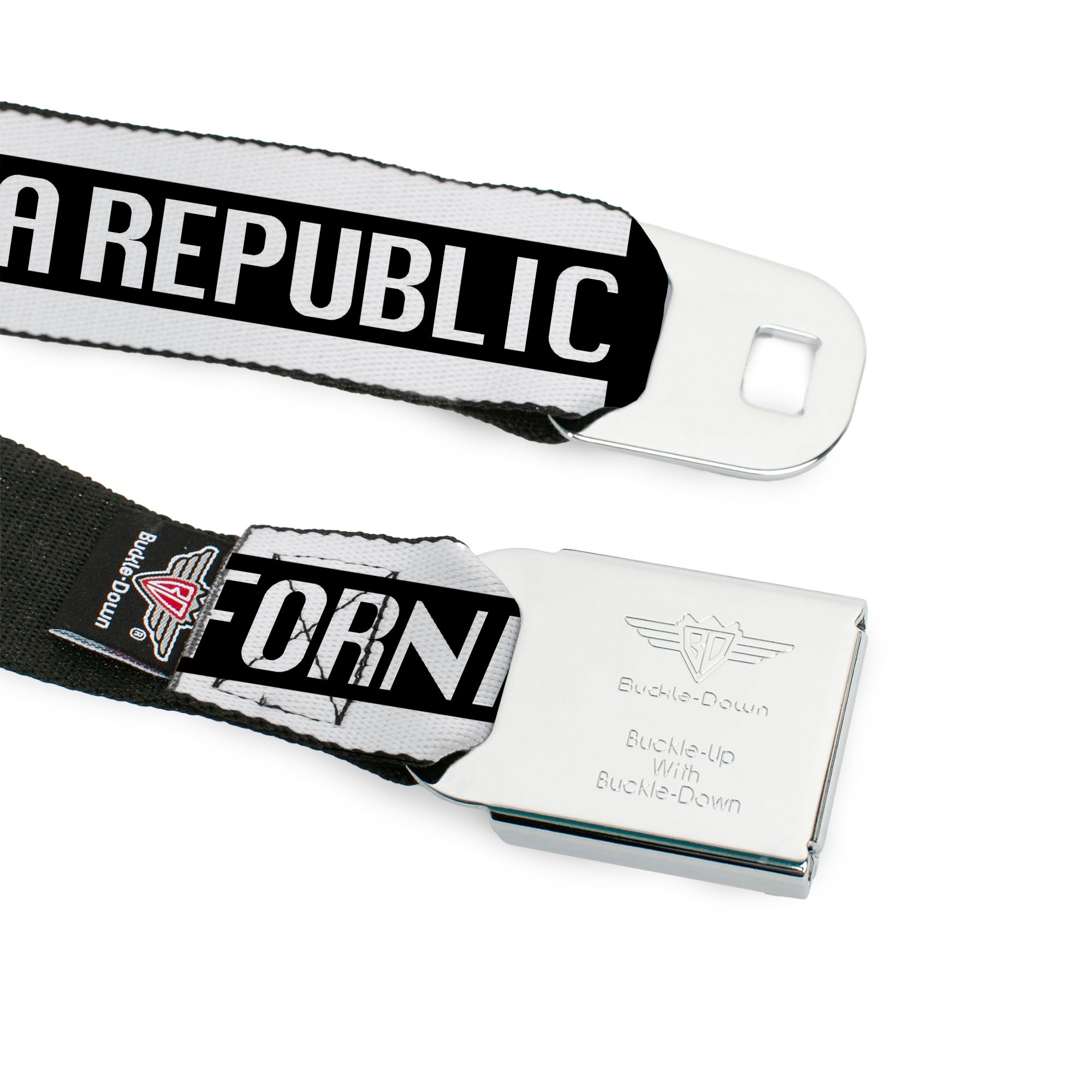 BD Wings Logo CLOSE-UP Black/Silver Seatbelt Belt - CALIFORNIA REPUBLIC/Bear/Stars Silhouette Black/White Webbing Seatbelt Belts Buckle-Down