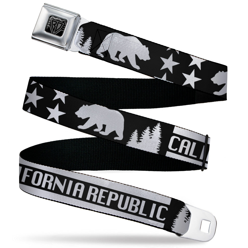 BD Wings Logo CLOSE-UP Black/Silver Seatbelt Belt - CALIFORNIA REPUBLIC/Bear/Stars Silhouette Black/White Webbing Seatbelt Belts Buckle-Down