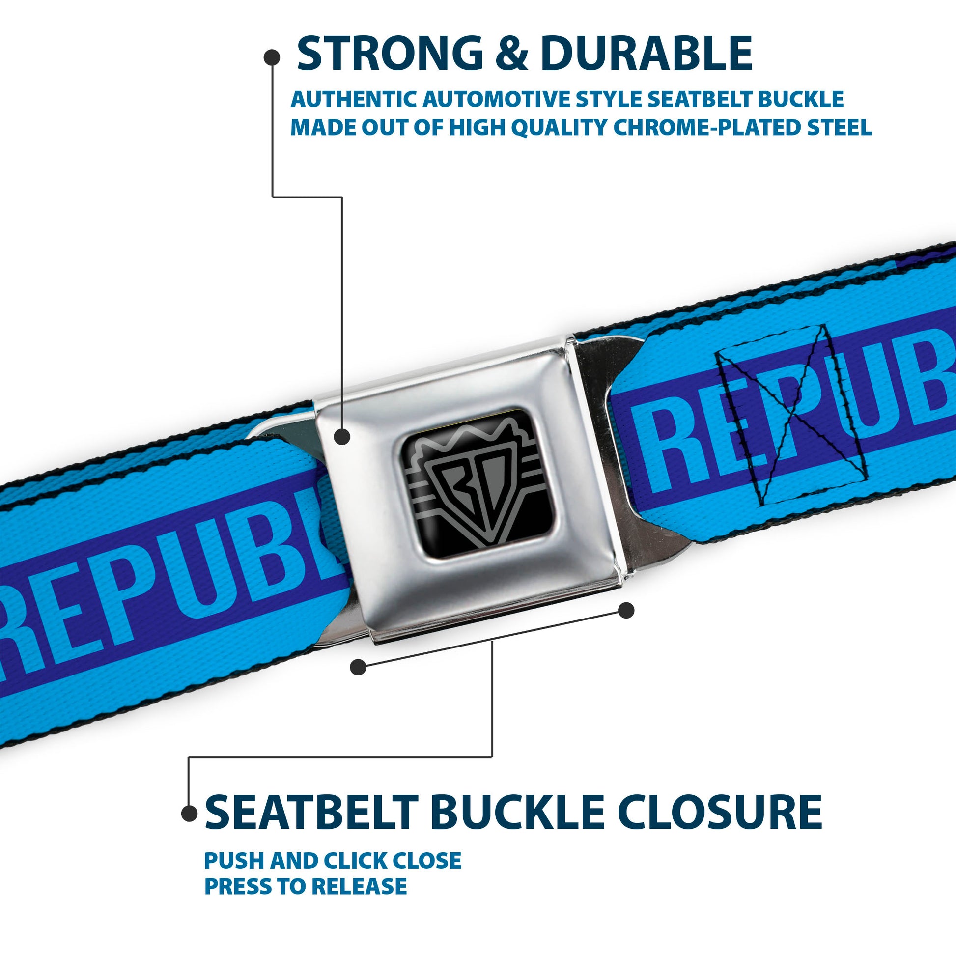 BD Wings Logo CLOSE-UP Black/Silver Seatbelt Belt - CALIFORNIA REPUBLIC/Bear/Stars Silhouette Blues Webbing Seatbelt Belts Buckle-Down
