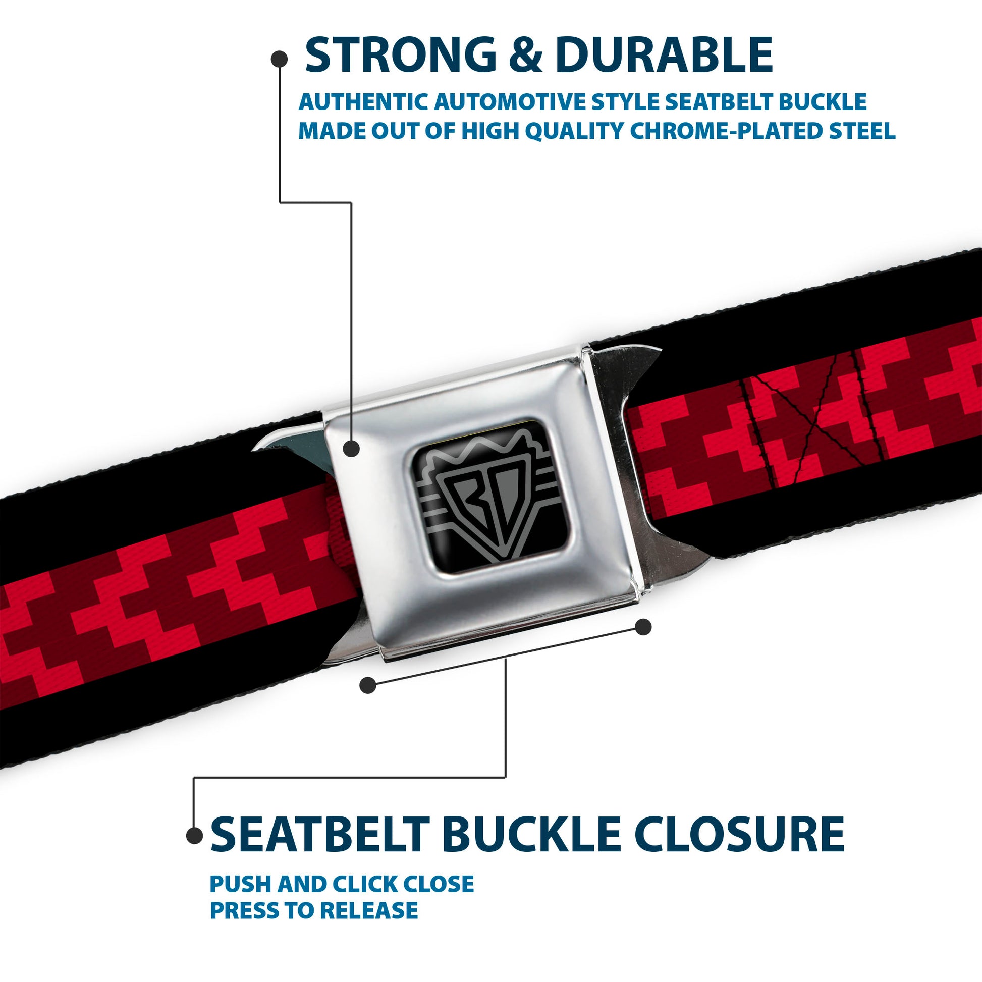 BD Wings Logo CLOSE-UP Black/Silver Seatbelt Belt - Chevron 8-Bit Black/Reds Webbing Seatbelt Belts Buckle-Down