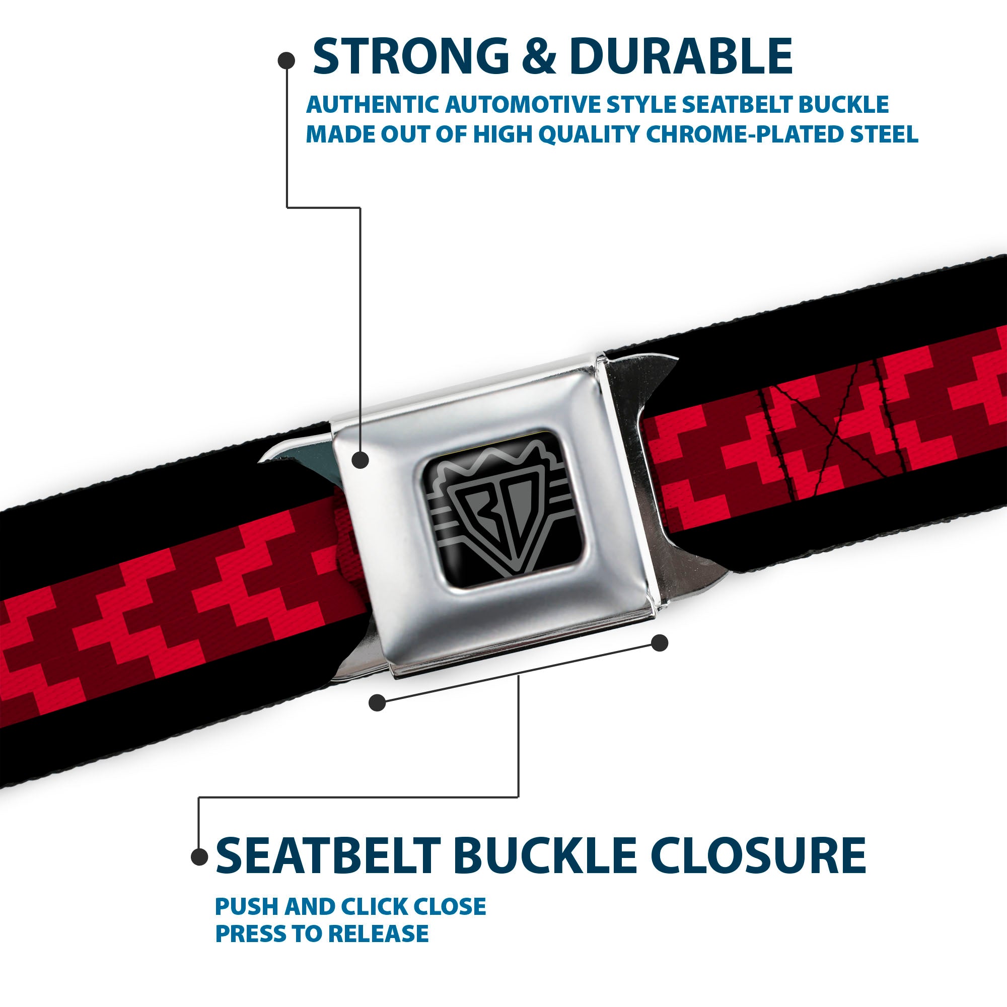 BD Wings Logo CLOSE-UP Black/Silver Seatbelt Belt - Chevron 8-Bit Black/Reds Webbing Seatbelt Belts Buckle-Down