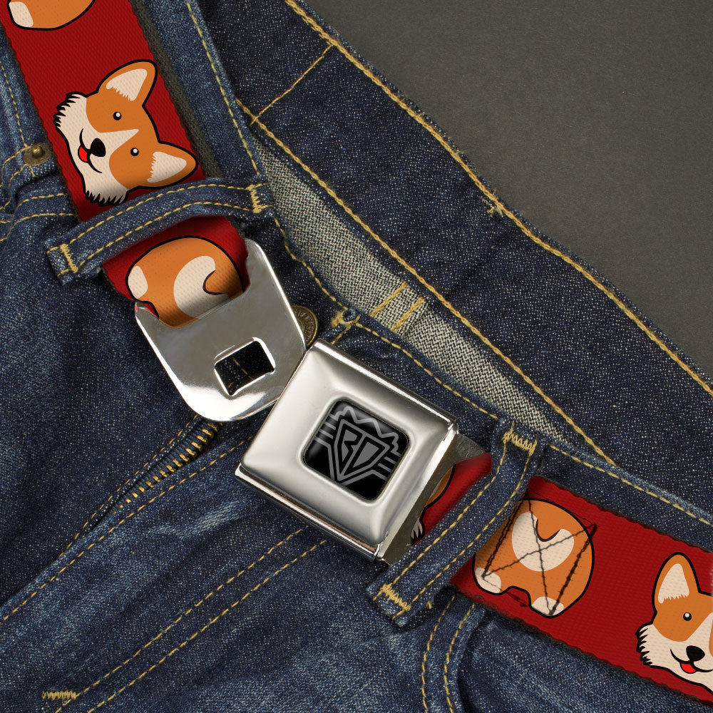 BD Wings Logo CLOSE-UP Black/Silver Seatbelt Belt - Corgi Face/Rump Red Webbing Seatbelt Belts Buckle-Down