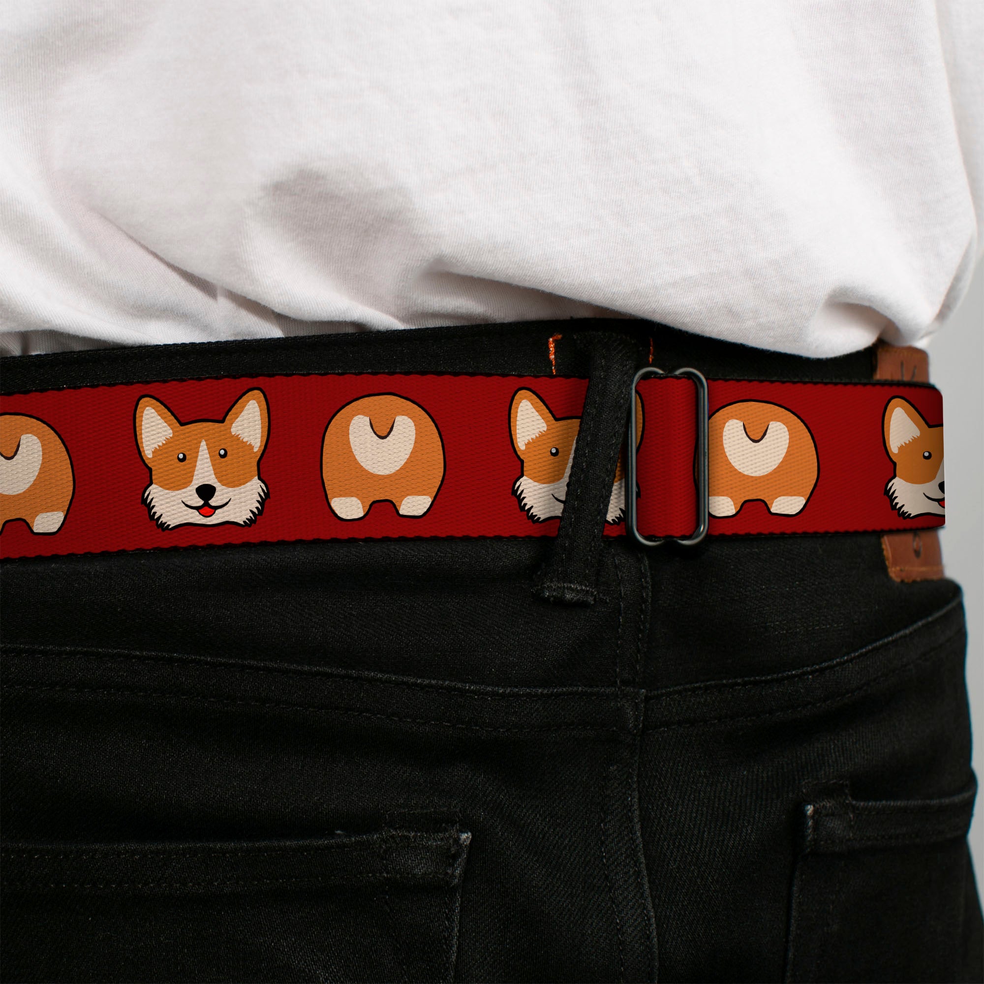 BD Wings Logo CLOSE-UP Black/Silver Seatbelt Belt - Corgi Face/Rump Red Webbing Seatbelt Belts Buckle-Down