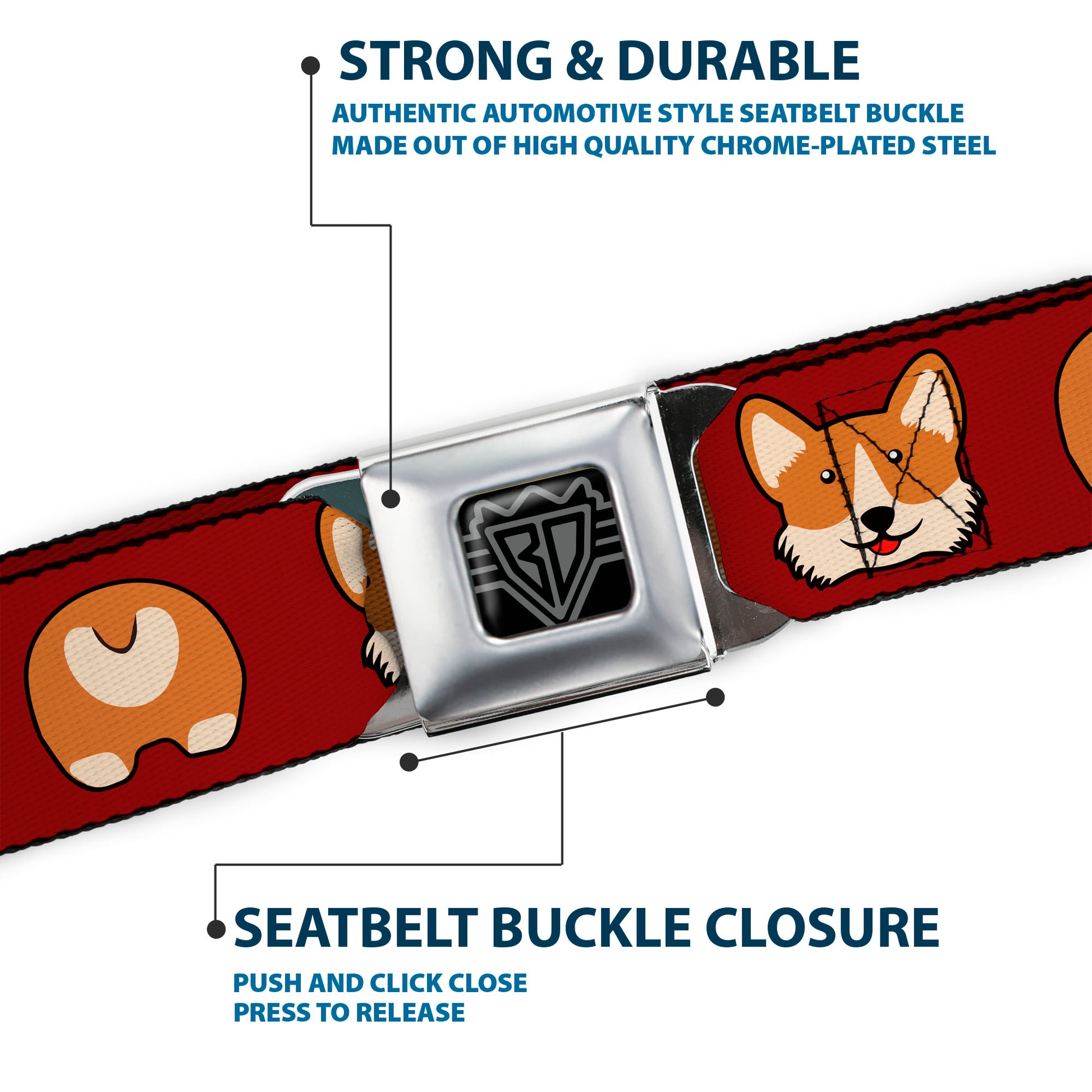 BD Wings Logo CLOSE-UP Black/Silver Seatbelt Belt - Corgi Face/Rump Red Webbing Seatbelt Belts Buckle-Down