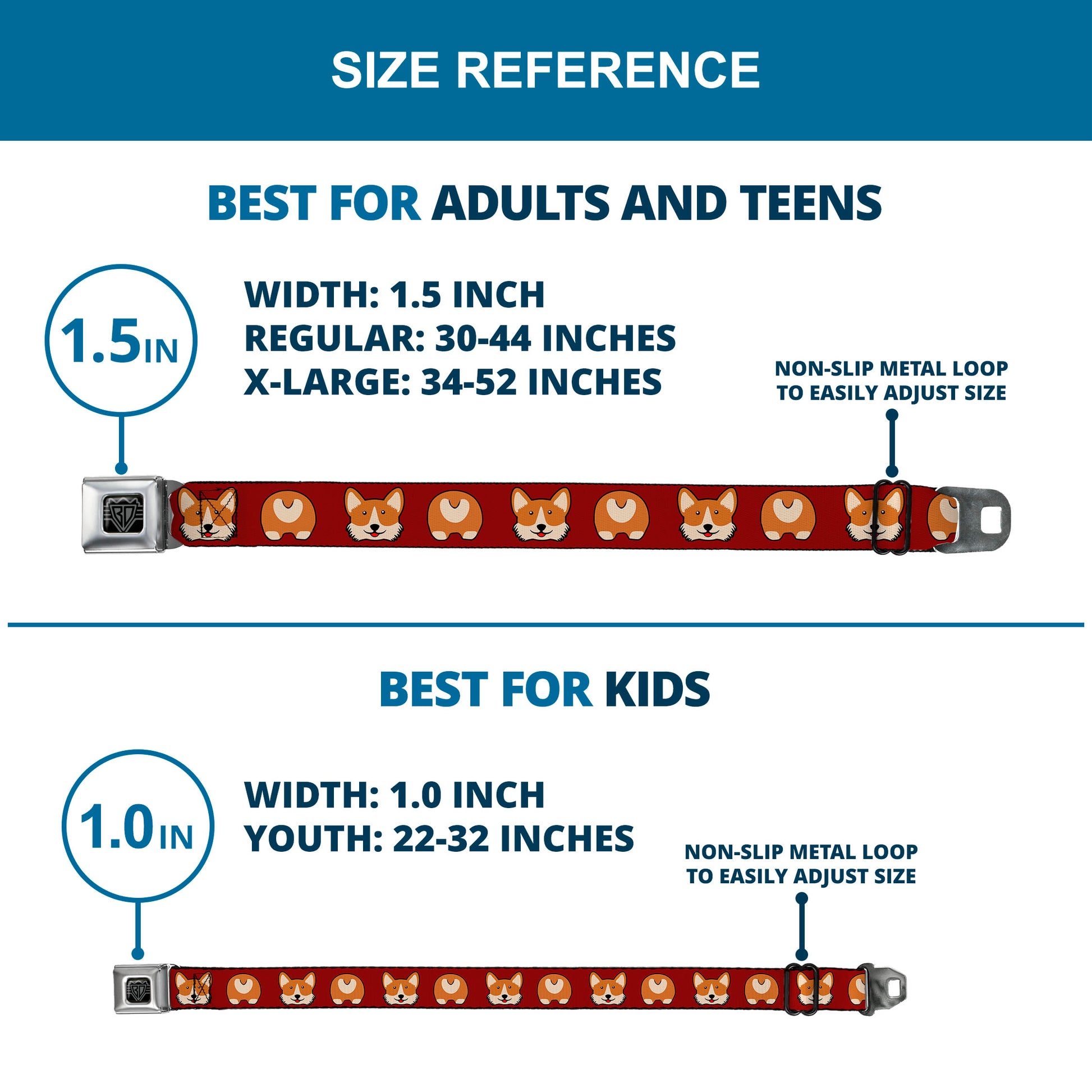 BD Wings Logo CLOSE-UP Black/Silver Seatbelt Belt - Corgi Face/Rump Red Webbing Seatbelt Belts Buckle-Down