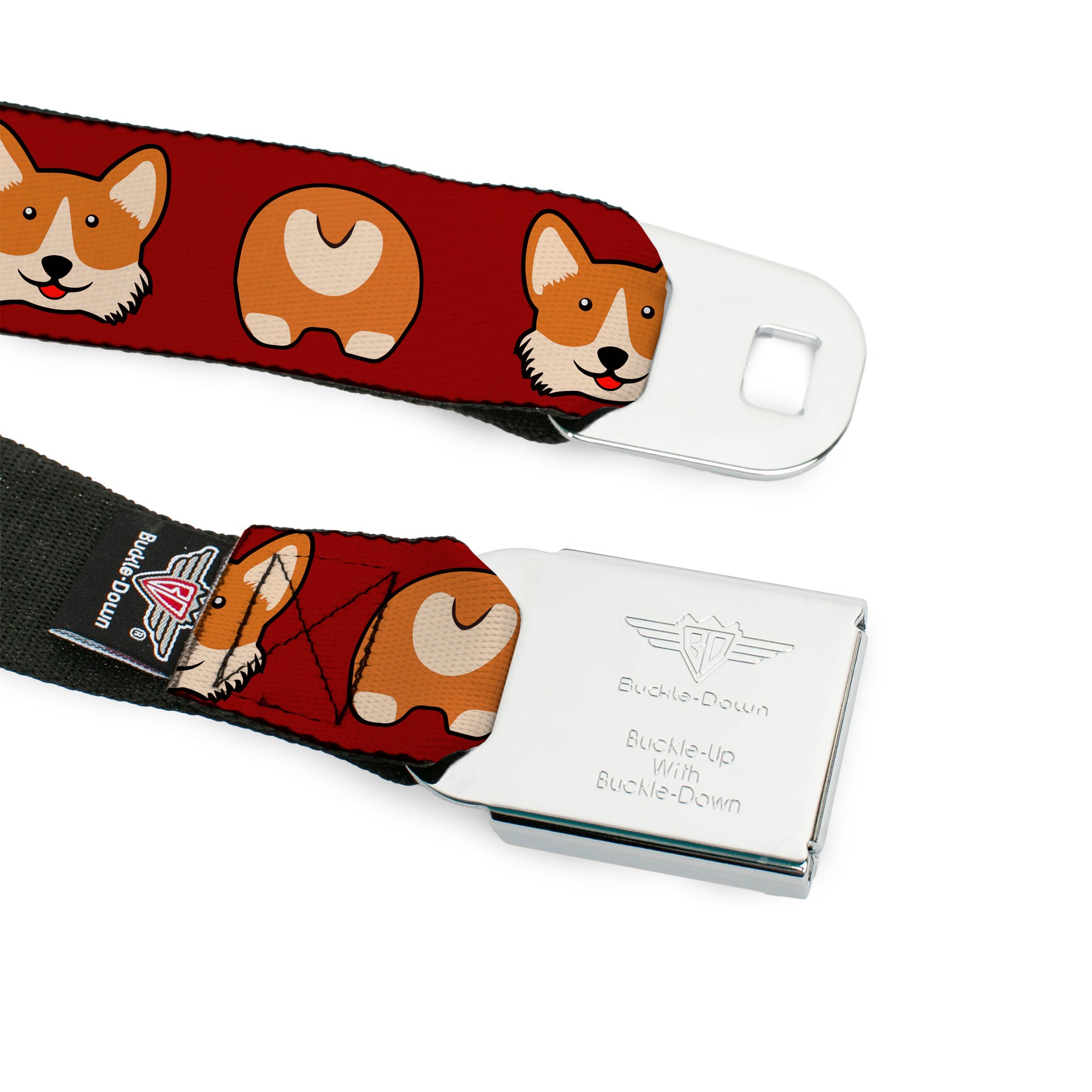 BD Wings Logo CLOSE-UP Black/Silver Seatbelt Belt - Corgi Face/Rump Red Webbing Seatbelt Belts Buckle-Down