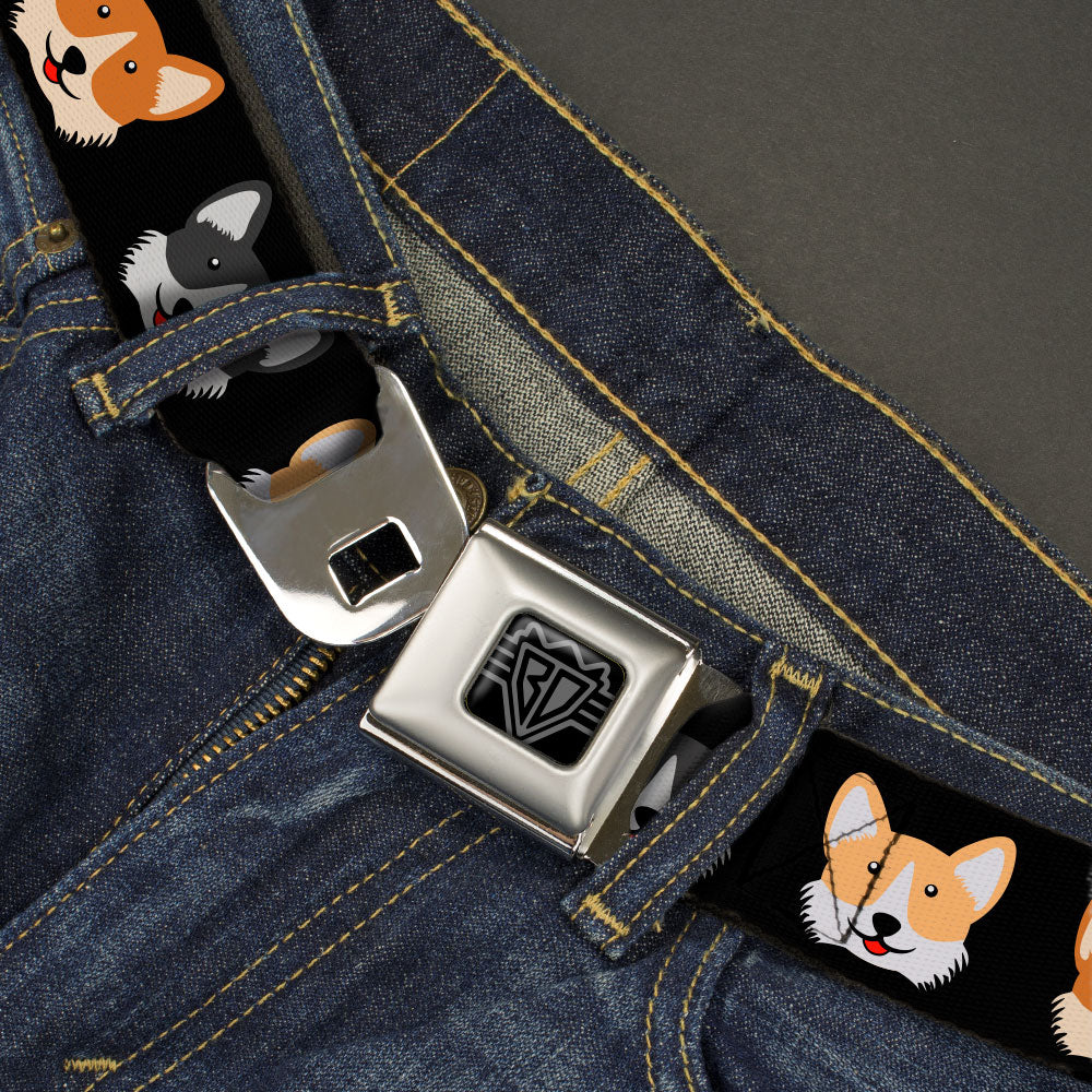 BD Wings Logo CLOSE-UP Black/Silver Seatbelt Belt - Corgi 3-Faces Black Webbing Seatbelt Belts Buckle-Down