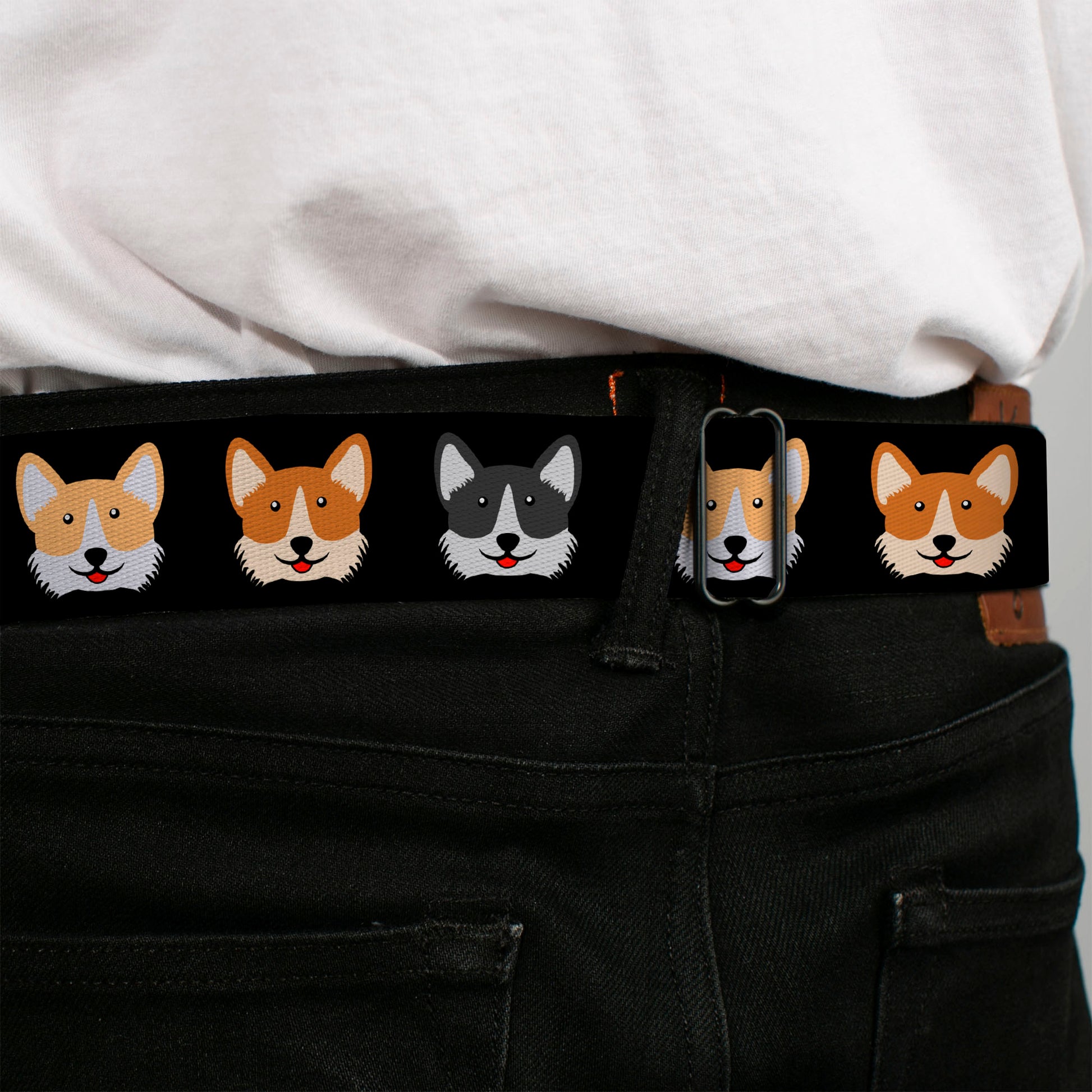 BD Wings Logo CLOSE-UP Black/Silver Seatbelt Belt - Corgi 3-Faces Black Webbing Seatbelt Belts Buckle-Down