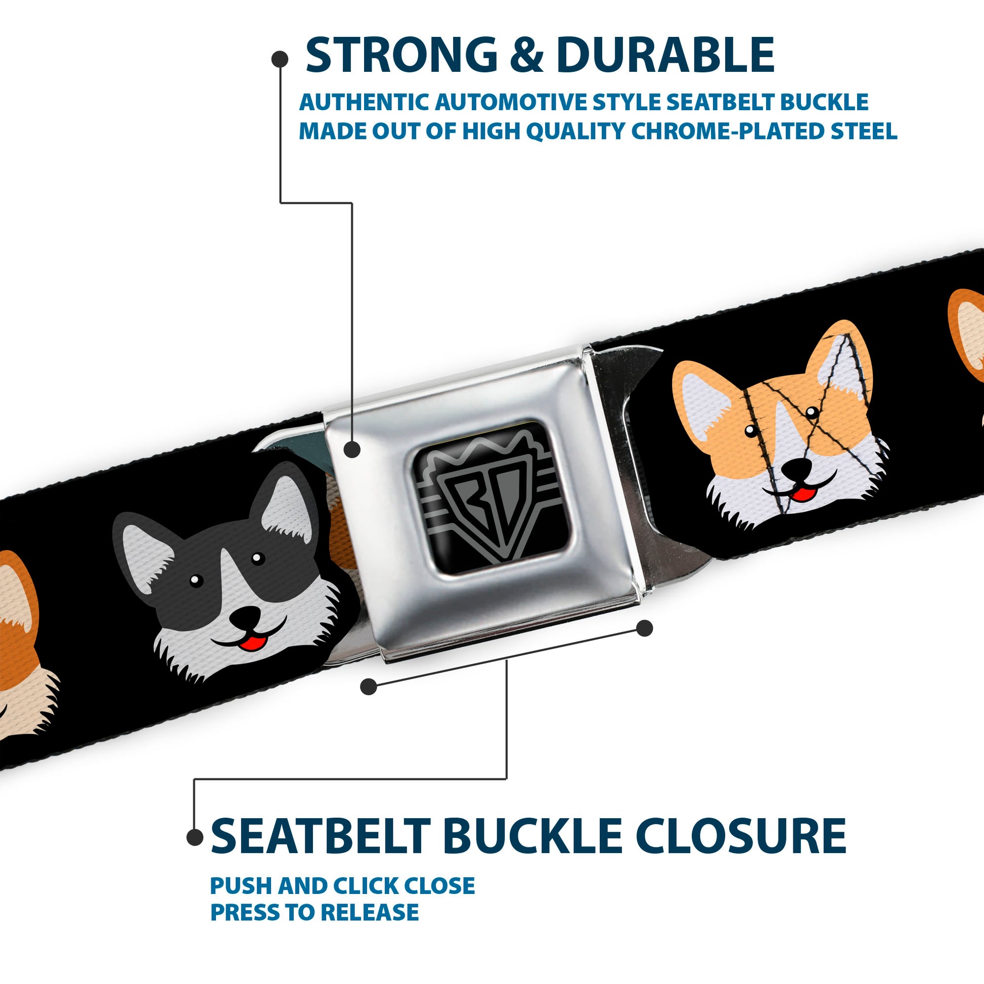 BD Wings Logo CLOSE-UP Black/Silver Seatbelt Belt - Corgi 3-Faces Black Webbing Seatbelt Belts Buckle-Down