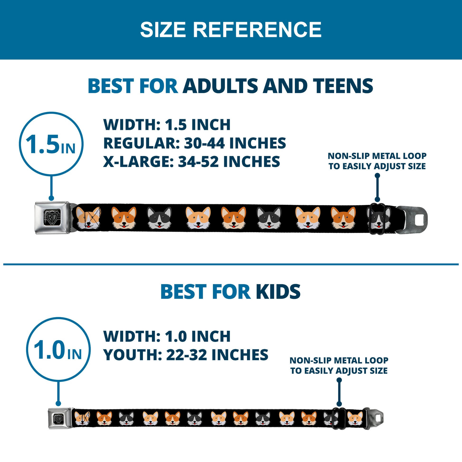 BD Wings Logo CLOSE-UP Black/Silver Seatbelt Belt - Corgi 3-Faces Black Webbing Seatbelt Belts Buckle-Down