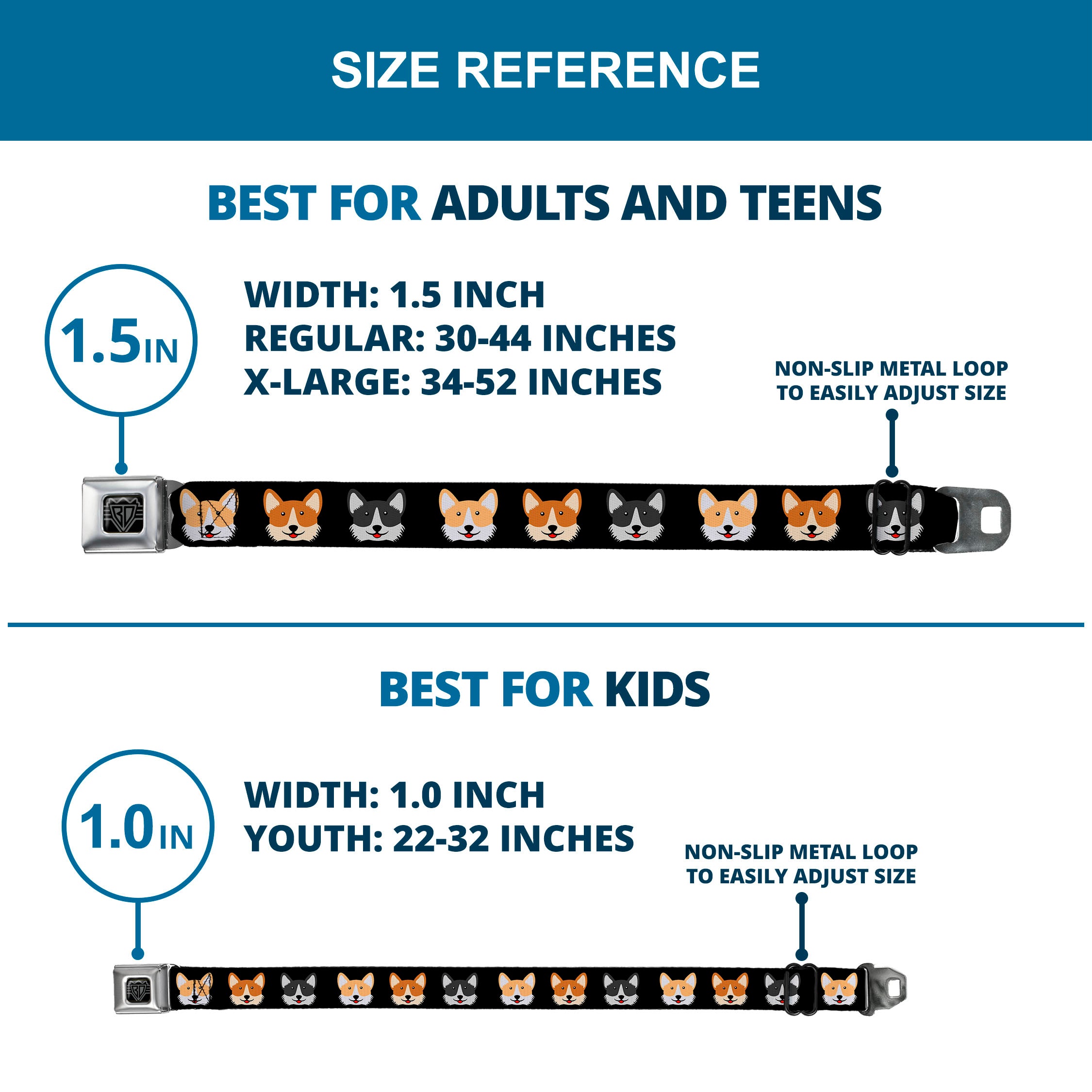 BD Wings Logo CLOSE-UP Black/Silver Seatbelt Belt - Corgi 3-Faces Black Webbing Seatbelt Belts Buckle-Down