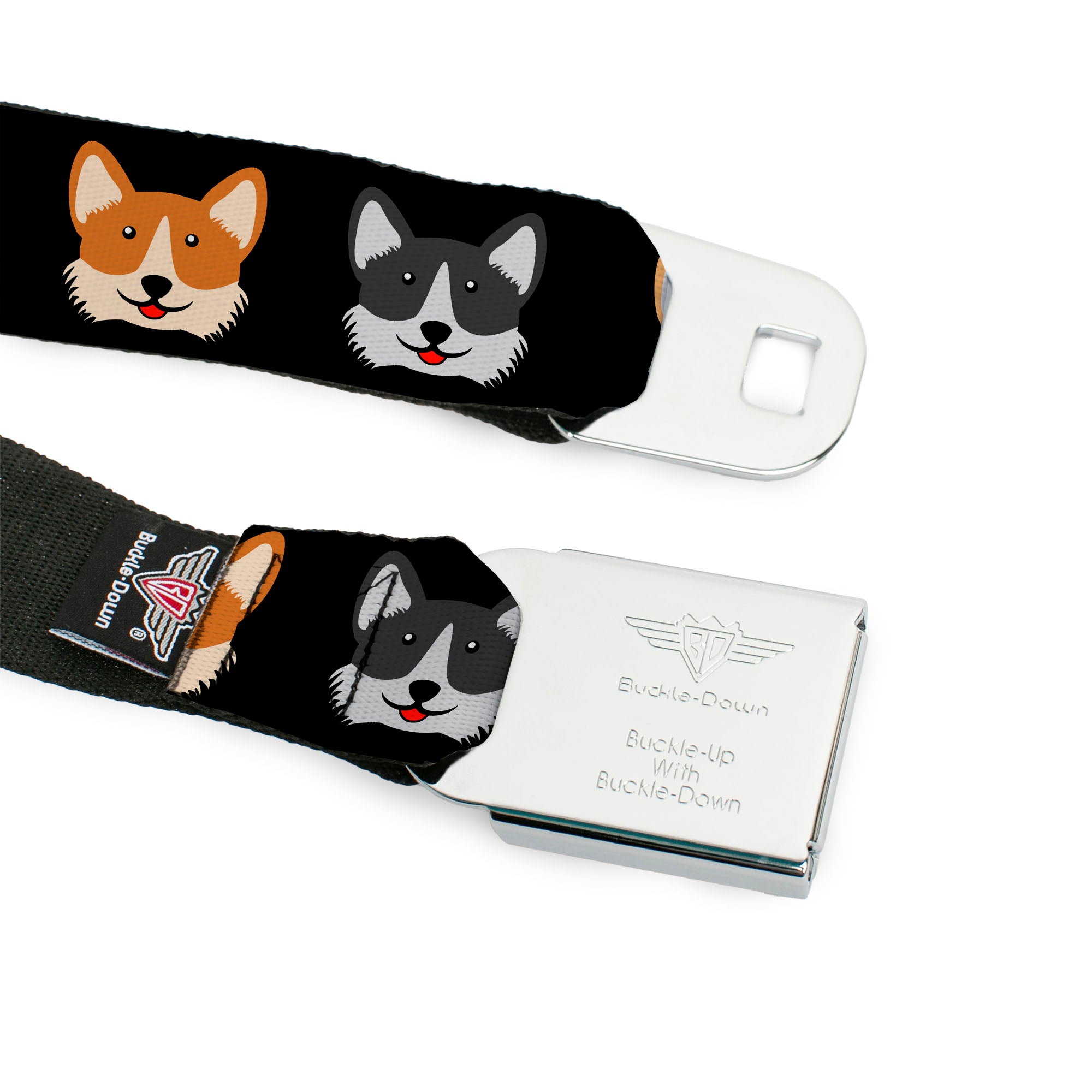 BD Wings Logo CLOSE-UP Black/Silver Seatbelt Belt - Corgi 3-Faces Black Webbing Seatbelt Belts Buckle-Down