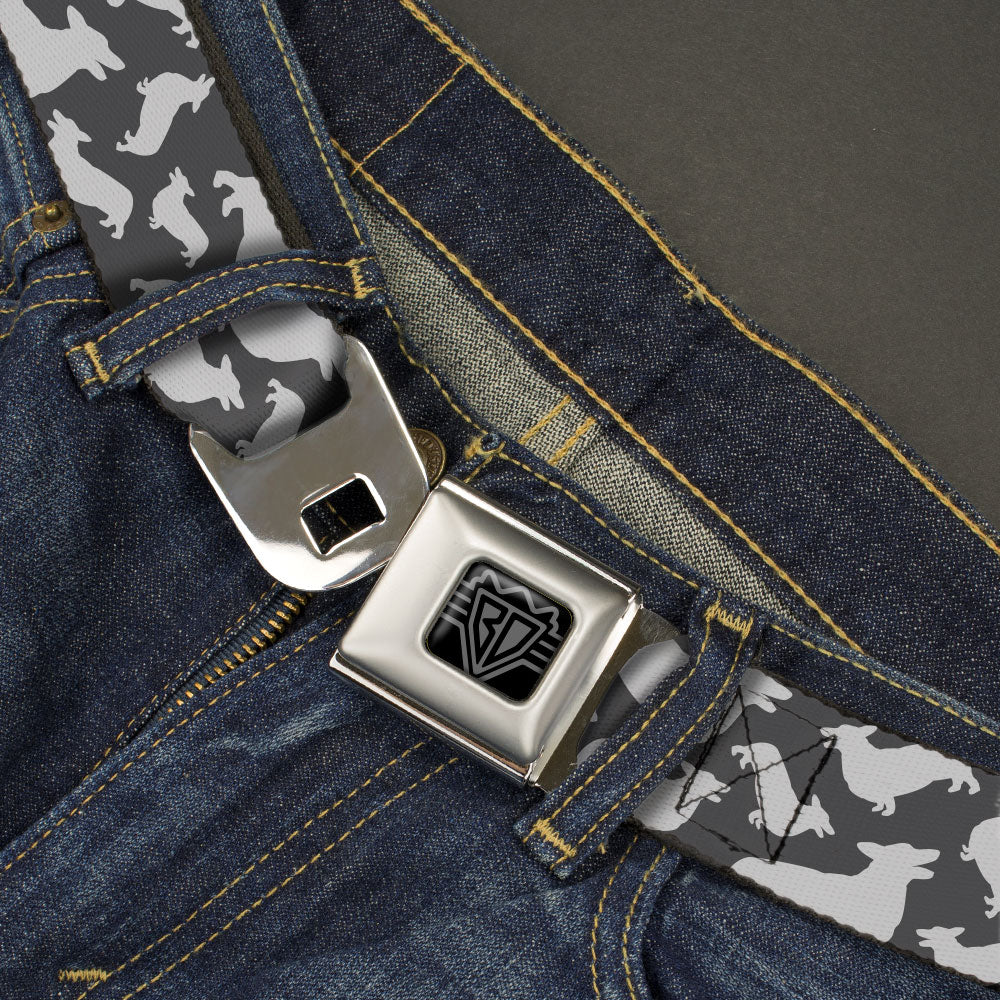 BD Wings Logo CLOSE-UP Black/Silver Seatbelt Belt - Corgi Silhouette Poses Grays Webbing Seatbelt Belts Buckle-Down