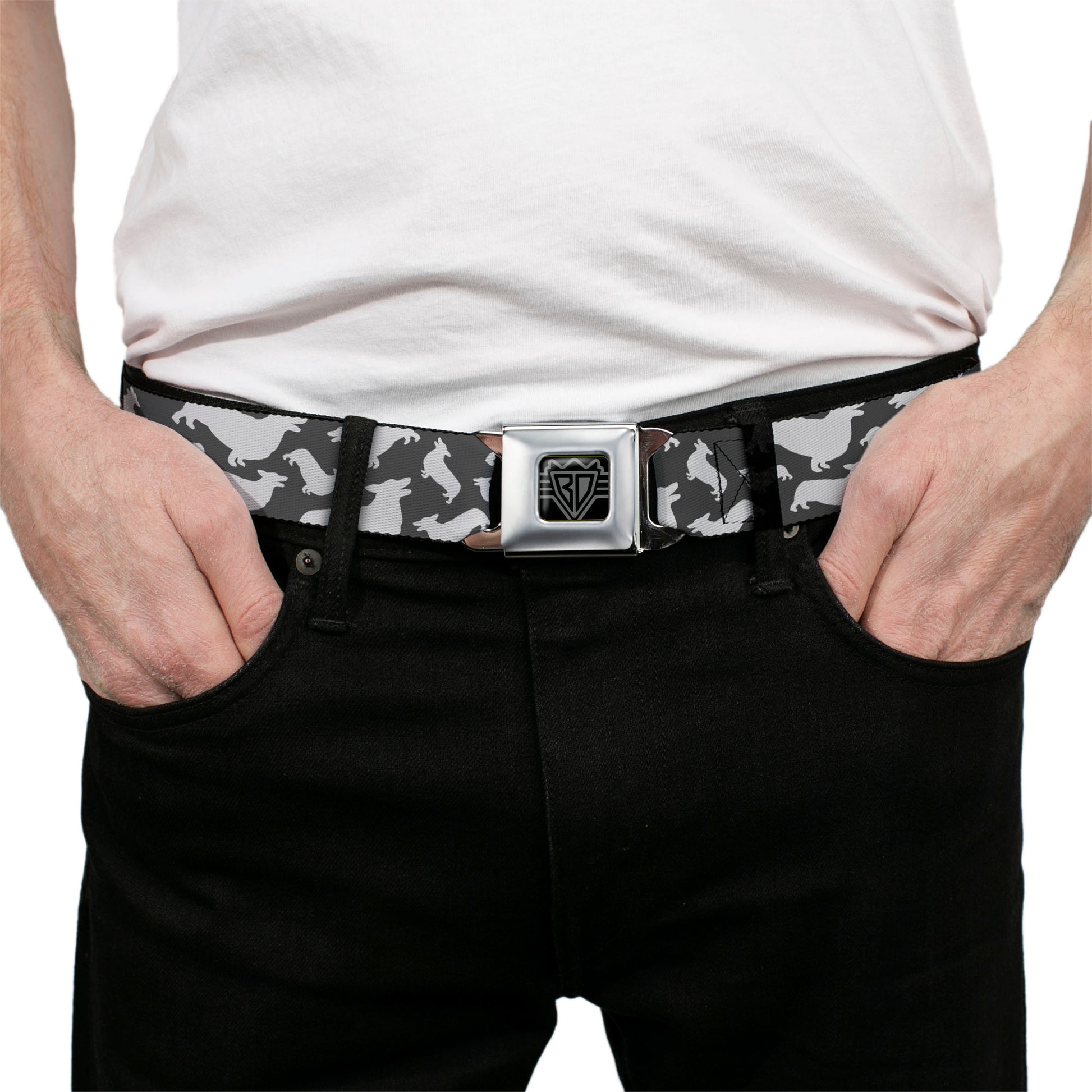 BD Wings Logo CLOSE-UP Black/Silver Seatbelt Belt - Corgi Silhouette Poses Grays Webbing Seatbelt Belts Buckle-Down