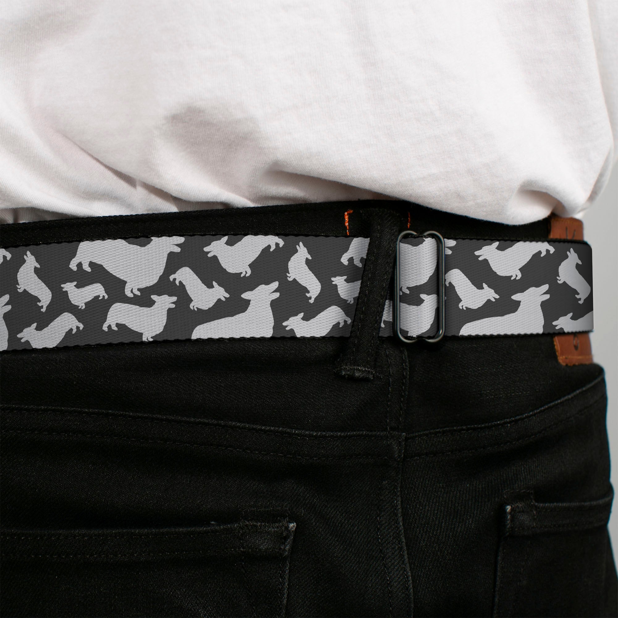BD Wings Logo CLOSE-UP Black/Silver Seatbelt Belt - Corgi Silhouette Poses Grays Webbing Seatbelt Belts Buckle-Down