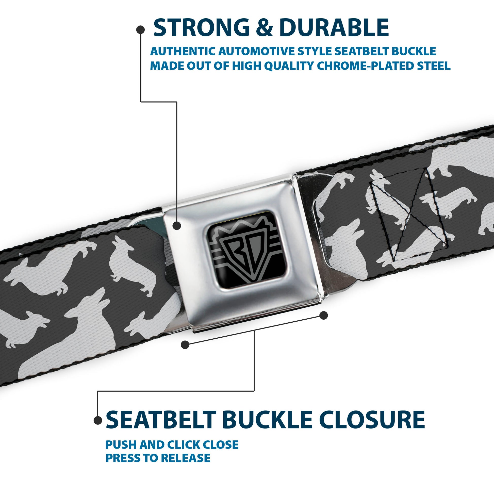 BD Wings Logo CLOSE-UP Black/Silver Seatbelt Belt - Corgi Silhouette Poses Grays Webbing Seatbelt Belts Buckle-Down