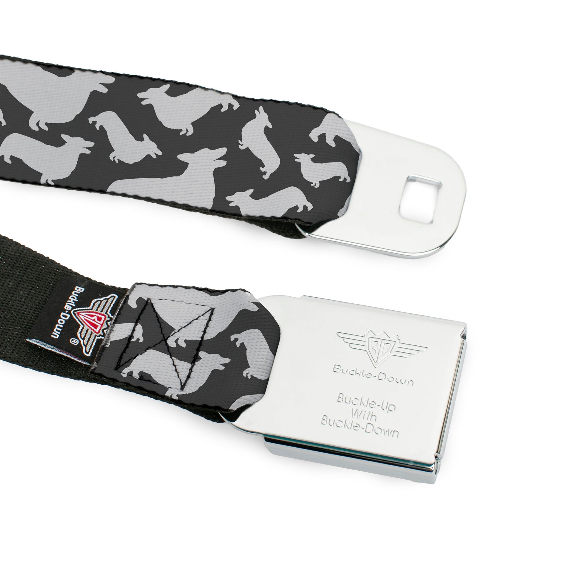 BD Wings Logo CLOSE-UP Black/Silver Seatbelt Belt - Corgi Silhouette Poses Grays Webbing Seatbelt Belts Buckle-Down