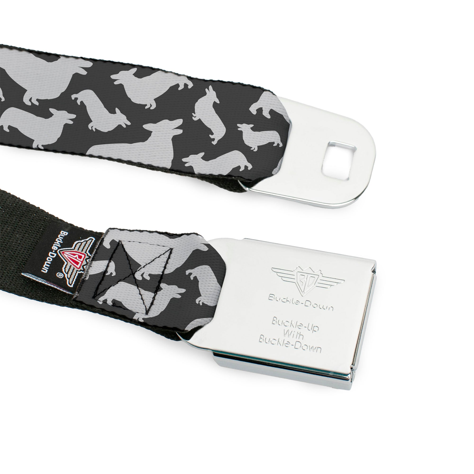 BD Wings Logo CLOSE-UP Black/Silver Seatbelt Belt - Corgi Silhouette Poses Grays Webbing Seatbelt Belts Buckle-Down
