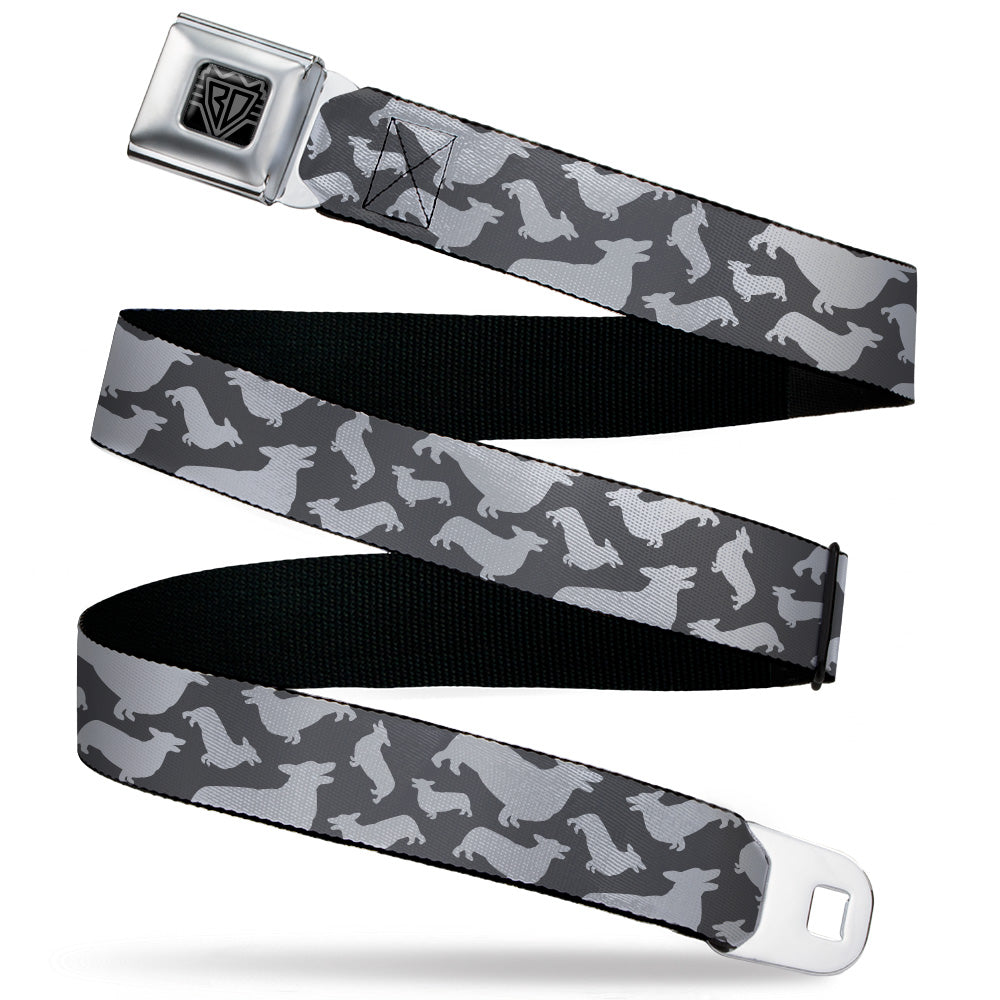 BD Wings Logo CLOSE-UP Black/Silver Seatbelt Belt - Corgi Silhouette Poses Grays Webbing Seatbelt Belts Buckle-Down
