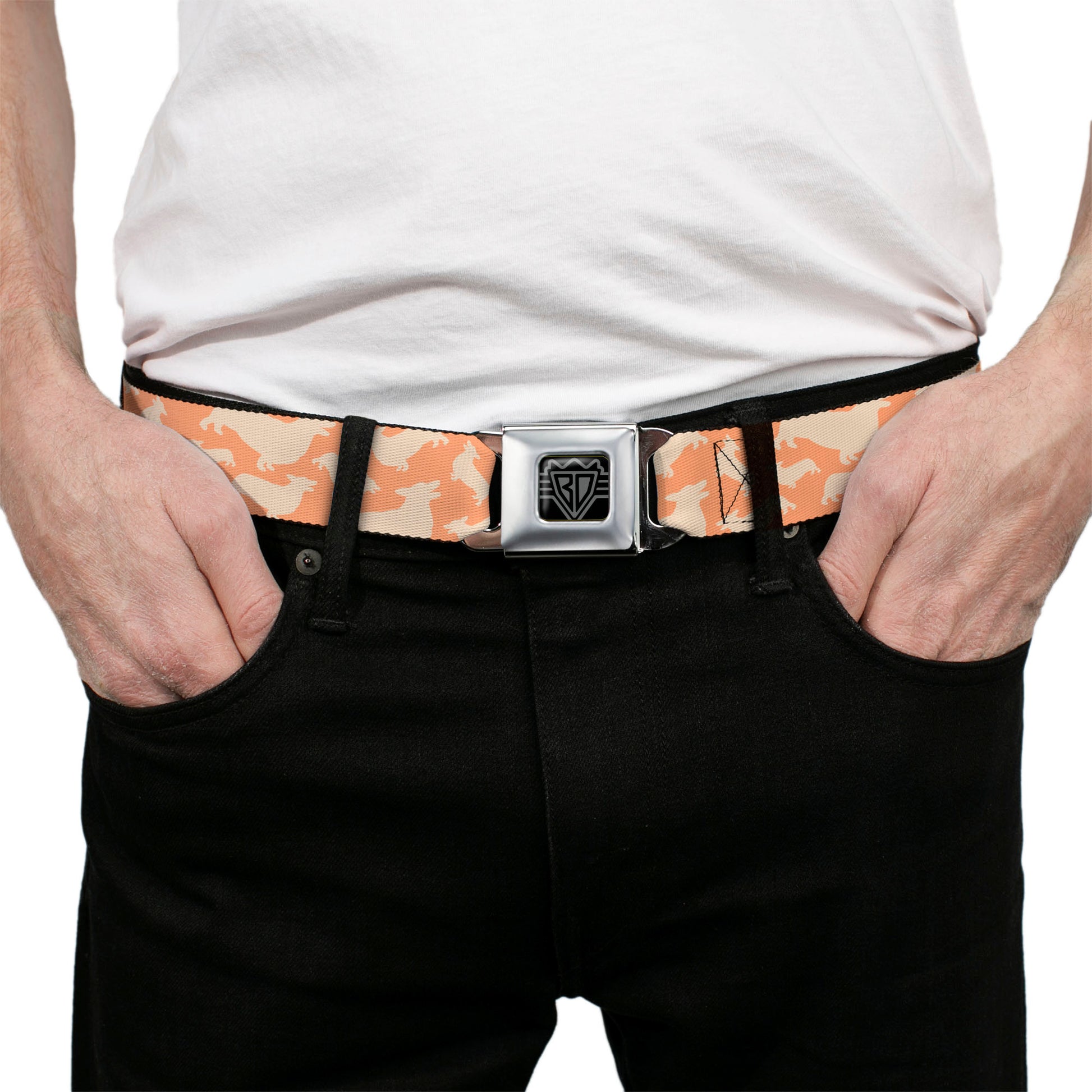 BD Wings Logo CLOSE-UP Black/Silver Seatbelt Belt - Corgi Silhouette Poses Golden Tan Webbing Seatbelt Belts Buckle-Down