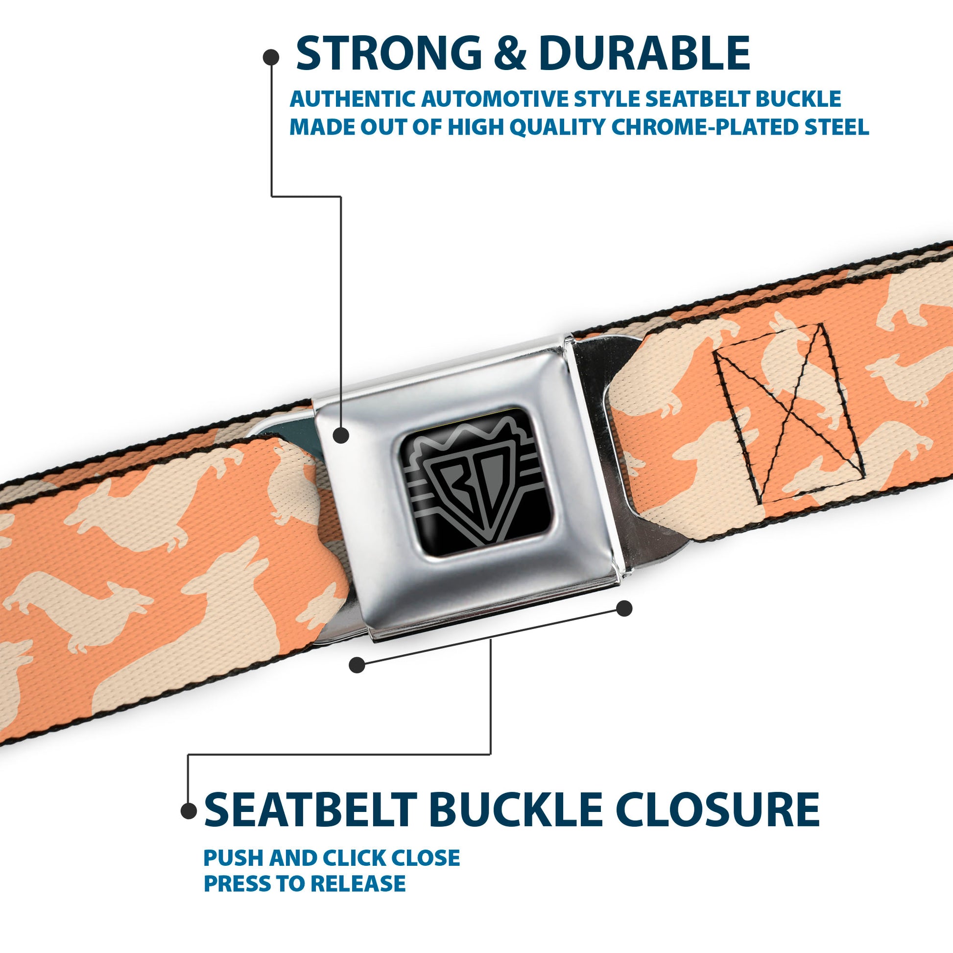 BD Wings Logo CLOSE-UP Black/Silver Seatbelt Belt - Corgi Silhouette Poses Golden Tan Webbing Seatbelt Belts Buckle-Down